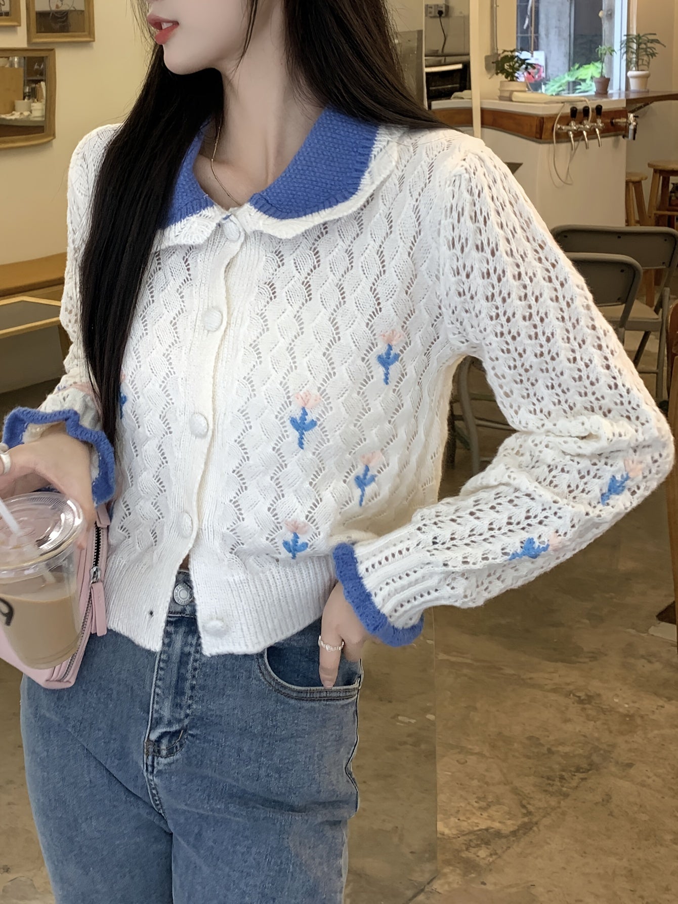 Sixsr Color Block Button Front Cardigan, Long Sleeve Pointelle Knit Cardigan, Women's Clothing