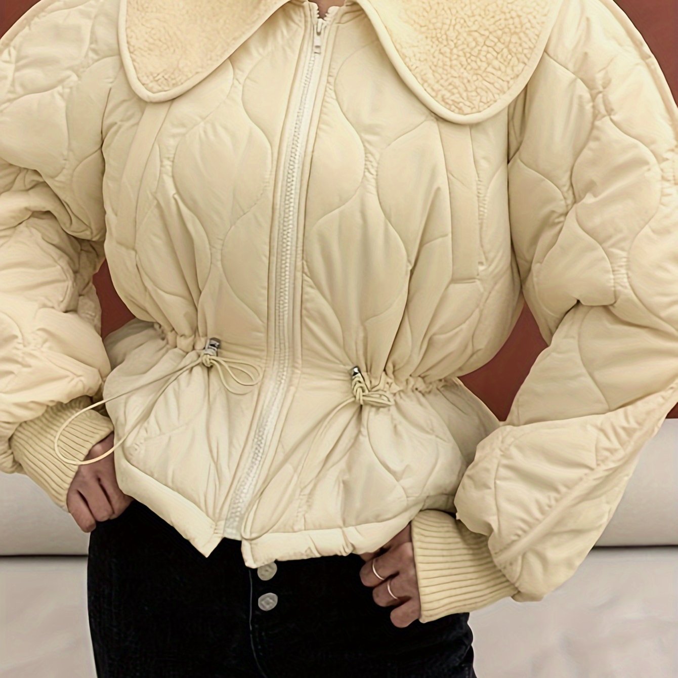 Sixsr Drawstring Zip-up Lapel Coat, Casual Thermal Long Sleeve Cinched Waist Coat , Women's Clothing