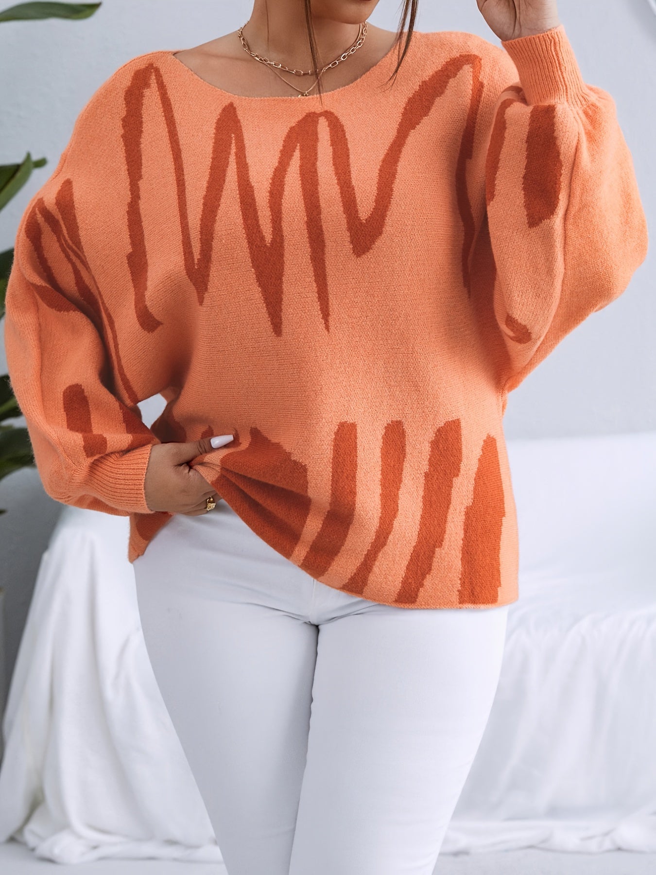 Sixsr Plus Size Jacquard Boat Neck Long Sleeve Sweater, Women's Plus High Stretch Casual Pullover Sweater