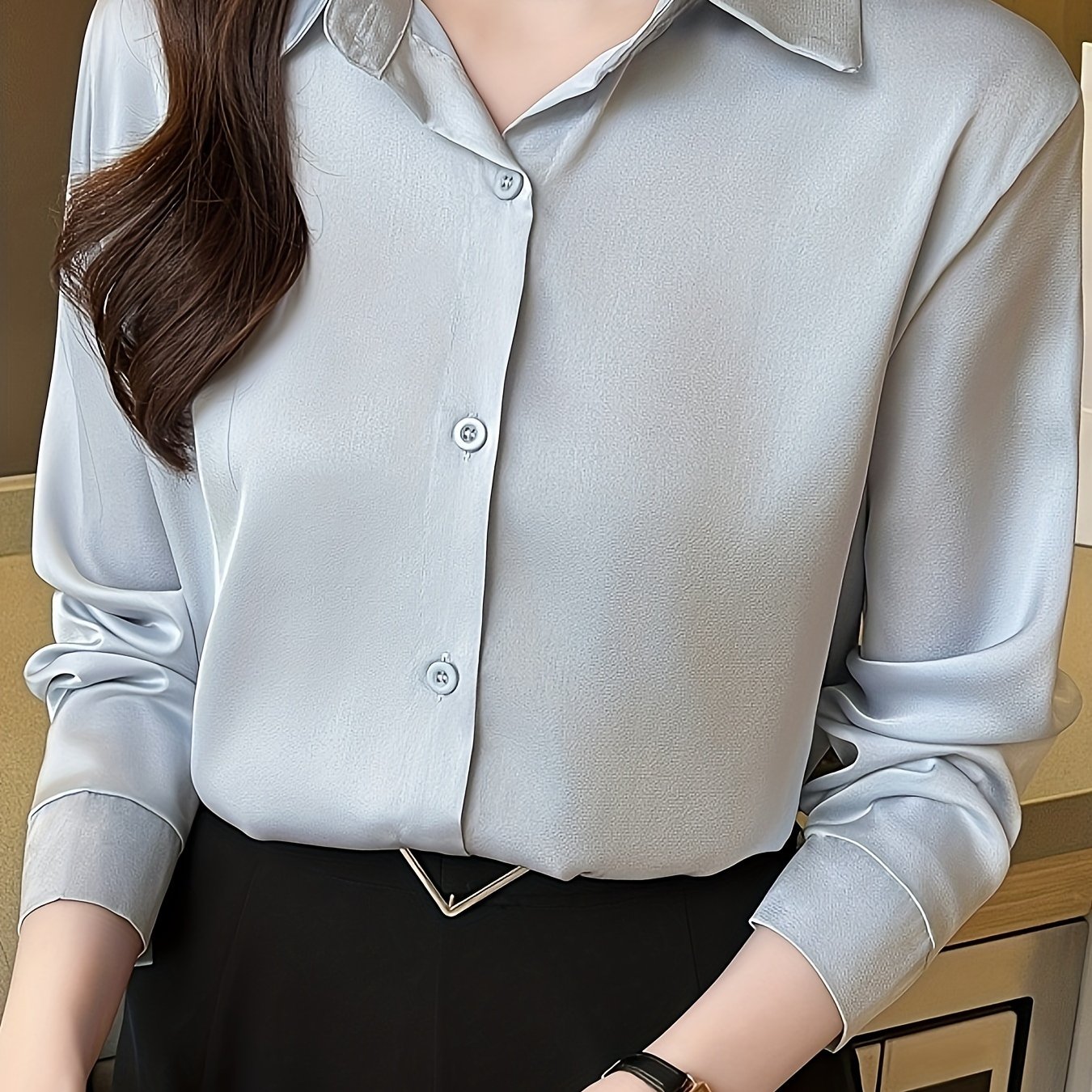 Sixsr Solid Button Front Shirt, Casual Long Sleeve Collar Work Office Shirt, Women's Clothing