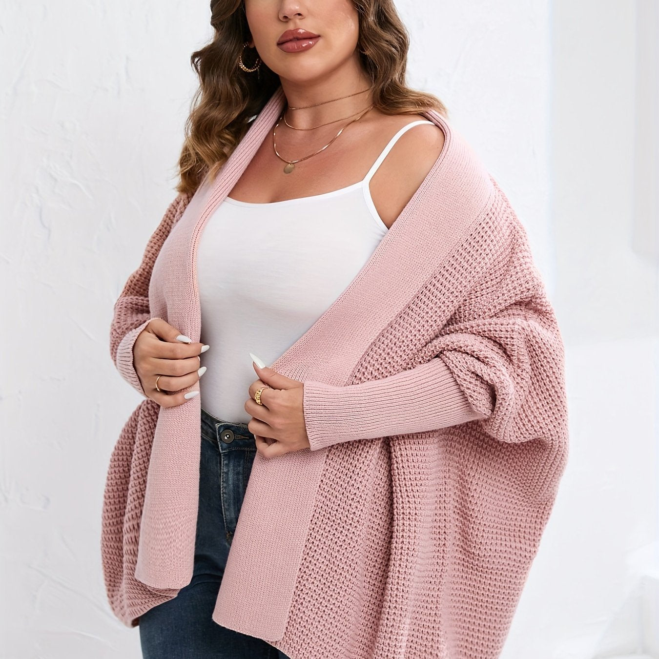 Sixsr Plus Size Lanter Sleeve Hollow Out Cardigan, Women's Plus Casual Slight Stretch Solid Sweater Cardigan