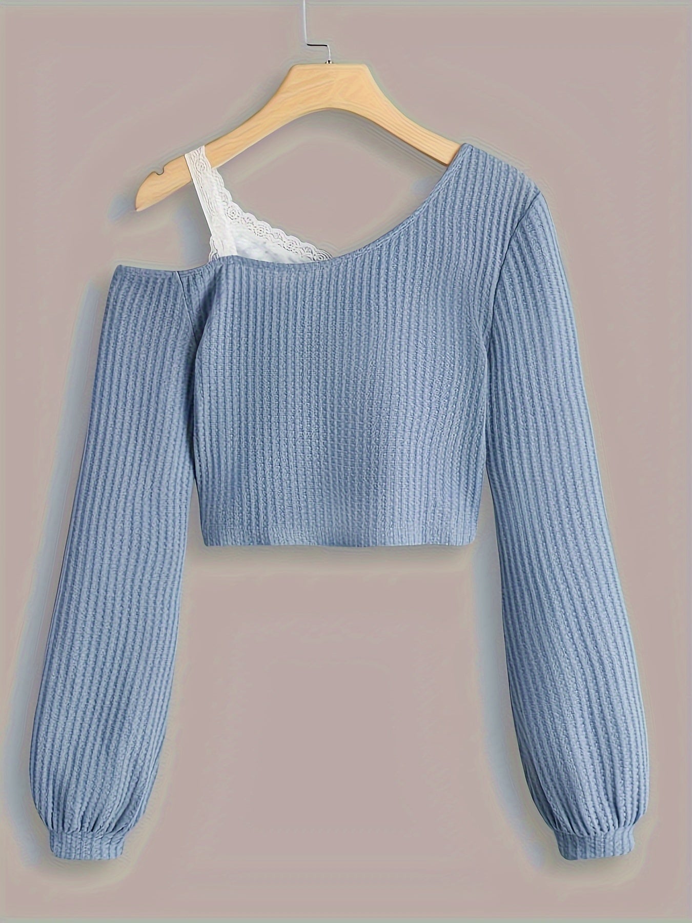 Sixsr Cold Shoulder Contrast Lace T-shirt, Elegant Long Sleeve T-shirt, Women's Clothing