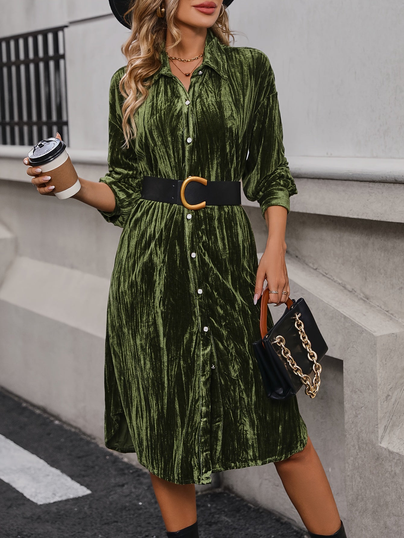 Sixsr Button Front Solid Dress, Elegant Long Sleeve Midi Dress, Women's Clothing