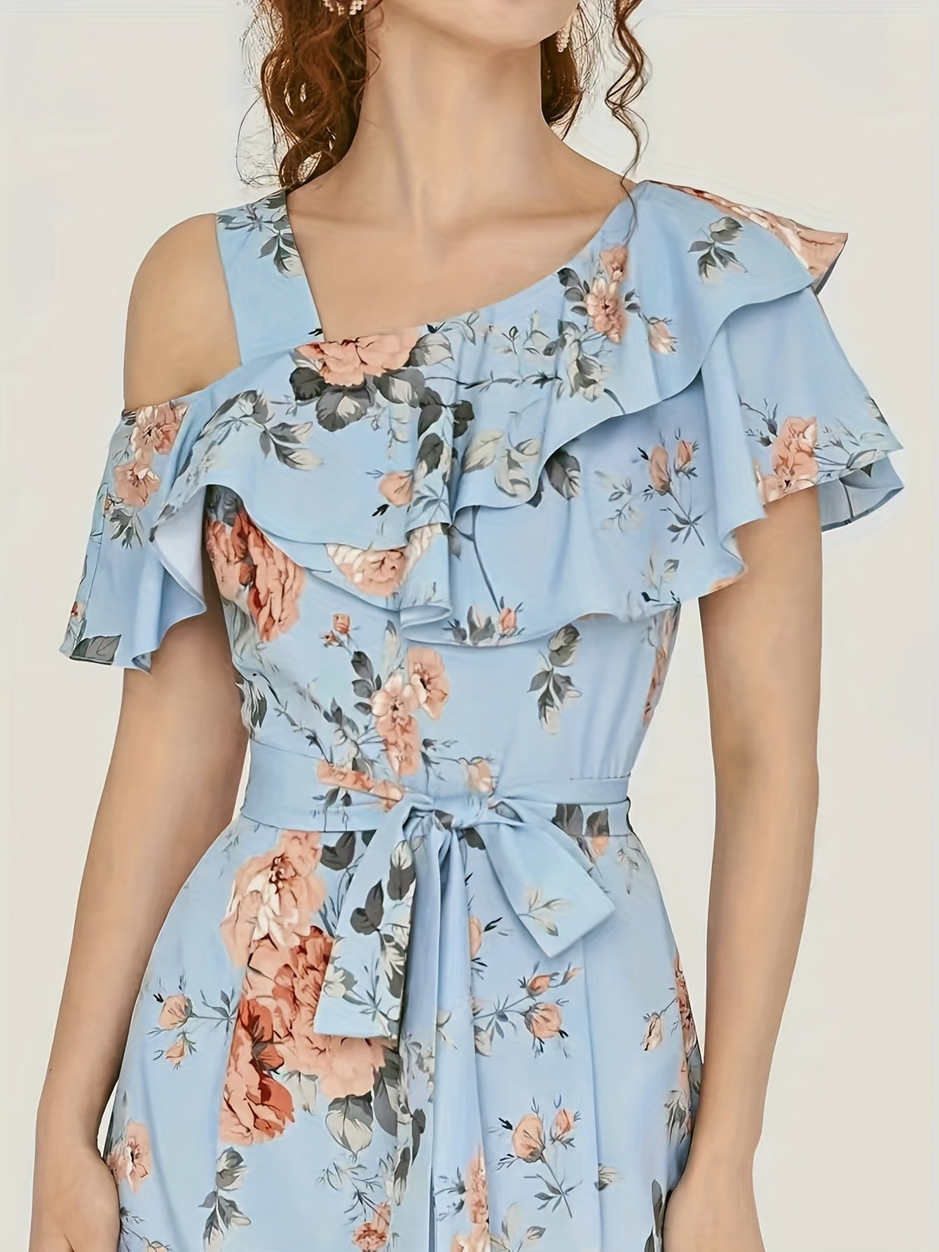 Floral Print Wide Leg Jumpsuit, Boho Ruffle Layered Hem Jumpsuit For Spring & Summer, Women's Clothing