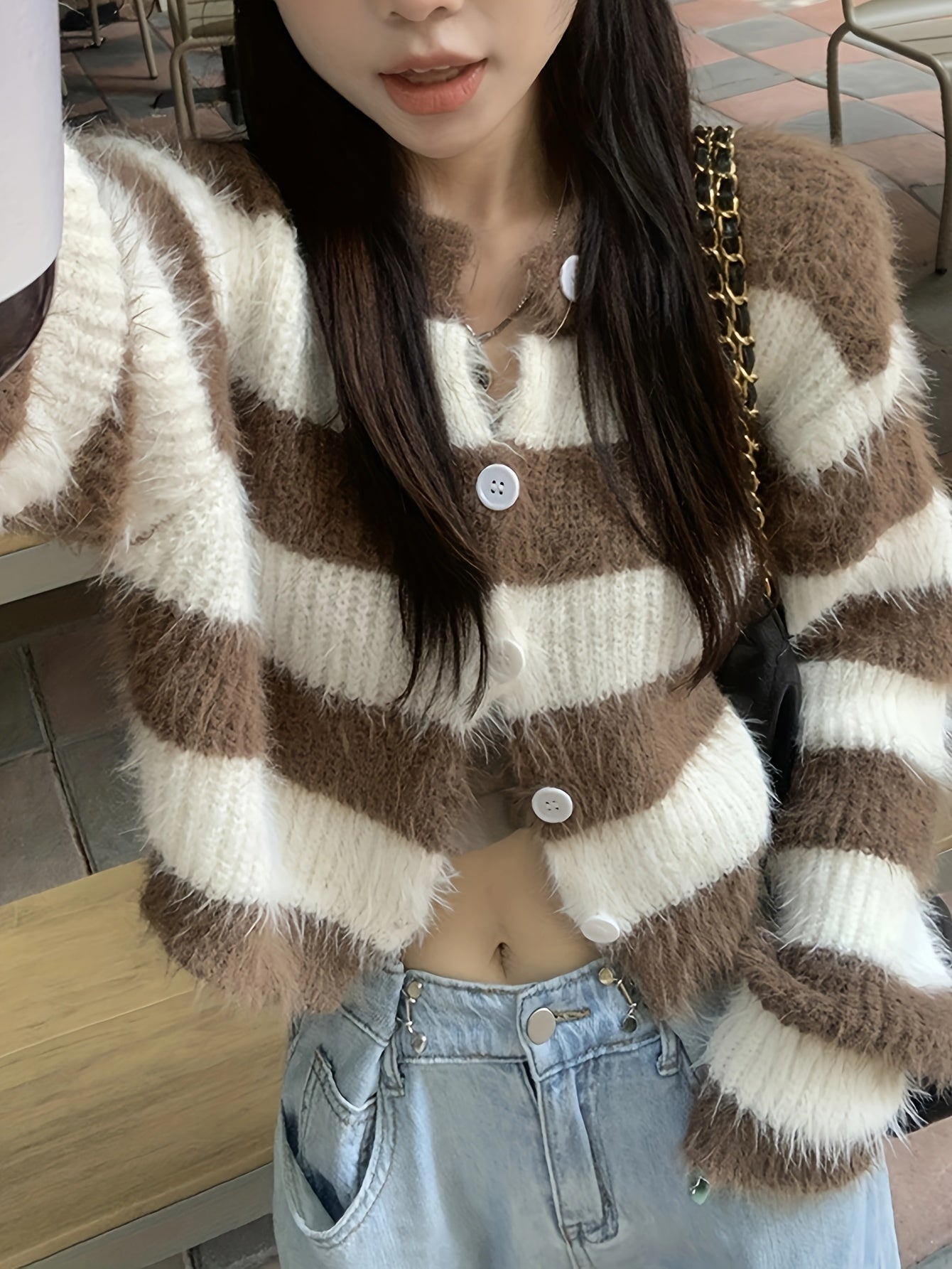 Sixsr Color Block Striped Fleece Knit Cardigan, Casual Button Down Long Sleeve Cozy Sweater, Women's Clothing