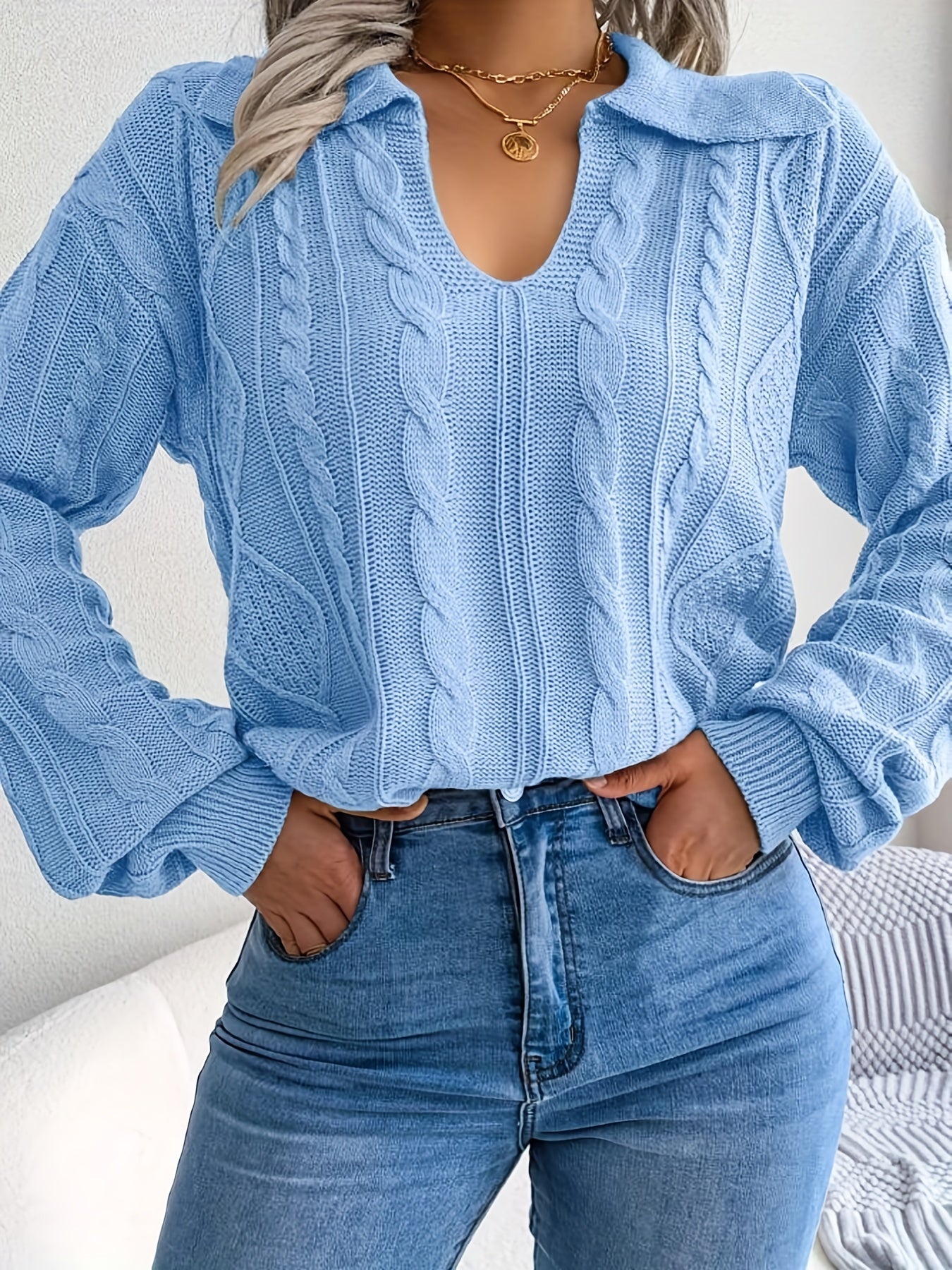 Sixsr Plus Size Casual Sweater, Women's Plus Solid Jacquard Long Sleeve Lapel Collar Pullover Jumper