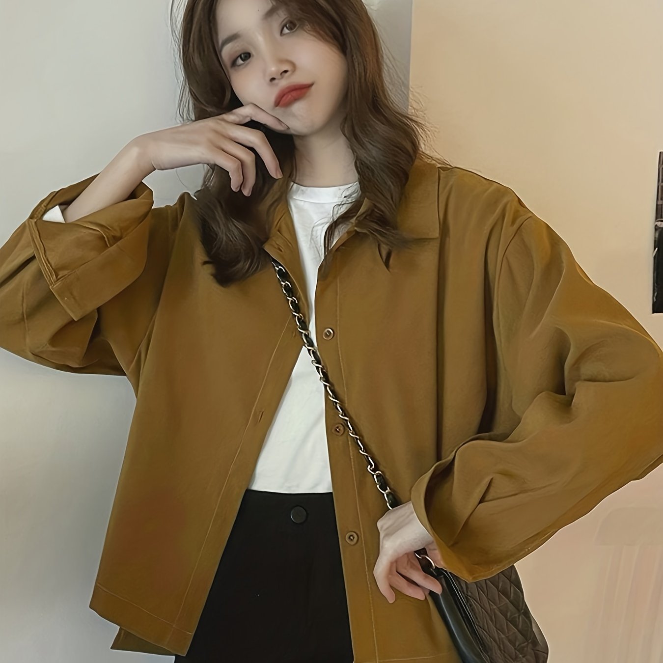 Sixsr Solid Polo Collar Button Blouse, Casual Long Sleeve Blouse For Spring & Fall, Women's Clothing