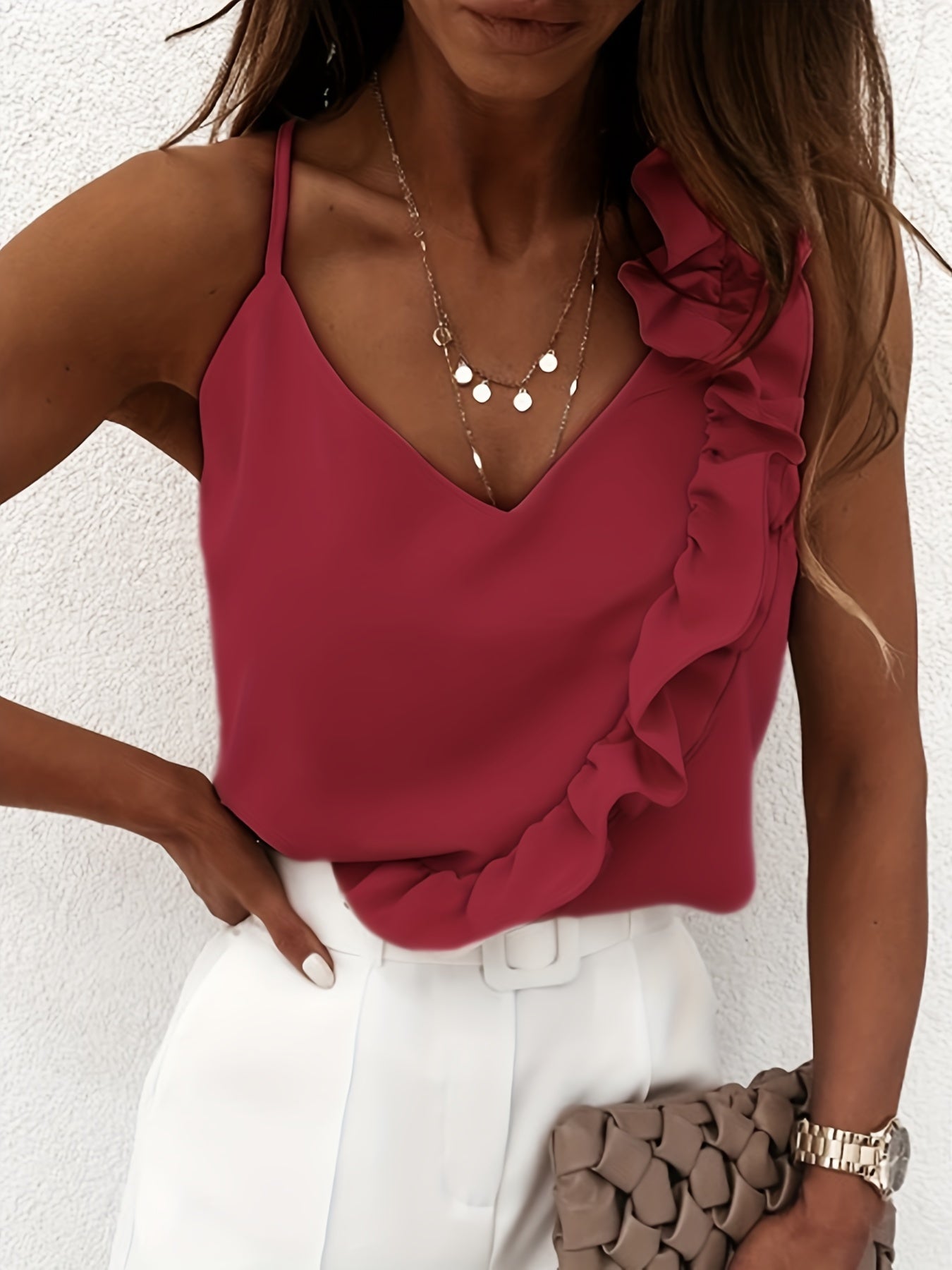 Ruffle Hem Spaghetti Strap Top, Elegant V-neck Sleeveless Cami Top For Summer, Women's Clothing