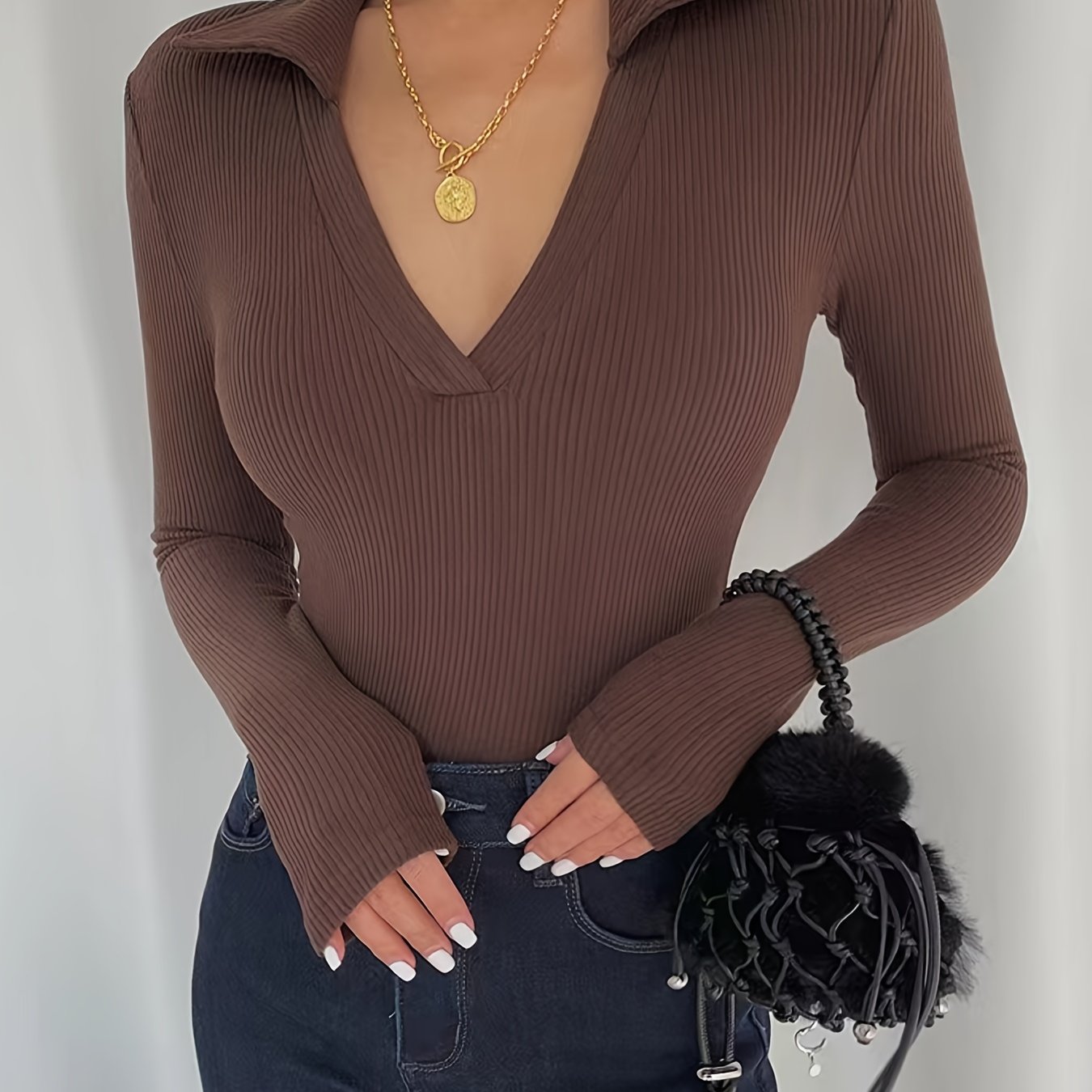 Sixsr Basic Elegant Polo Collar T-Shirt, Solid Casual Stretchy Long Sleeve Top For Spring, Women's Clothing