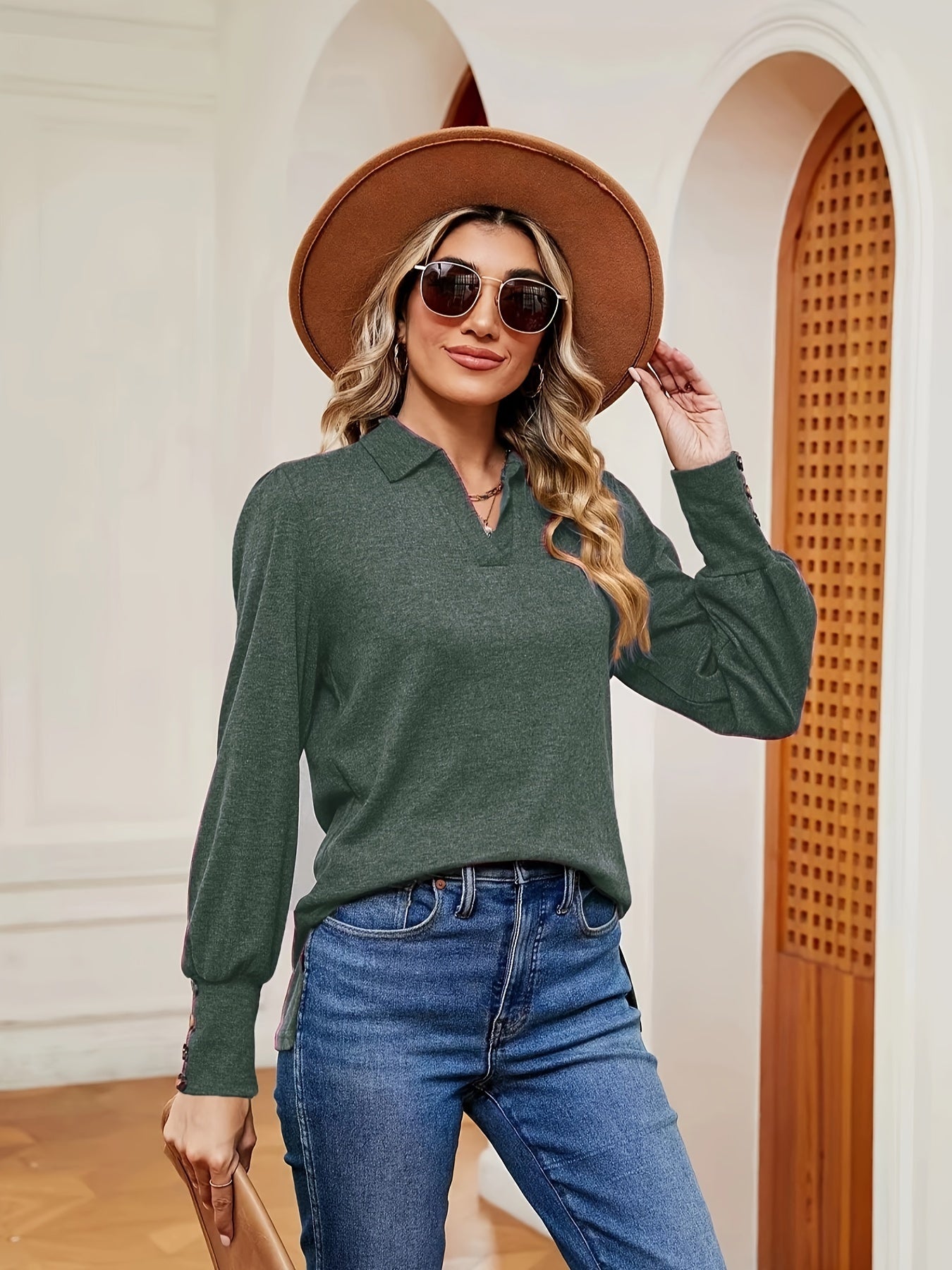 Sixsr Solid Polo Collar T-Shirt, Casual Long Sleeve Top For Spring & Fall, Women's Clothing