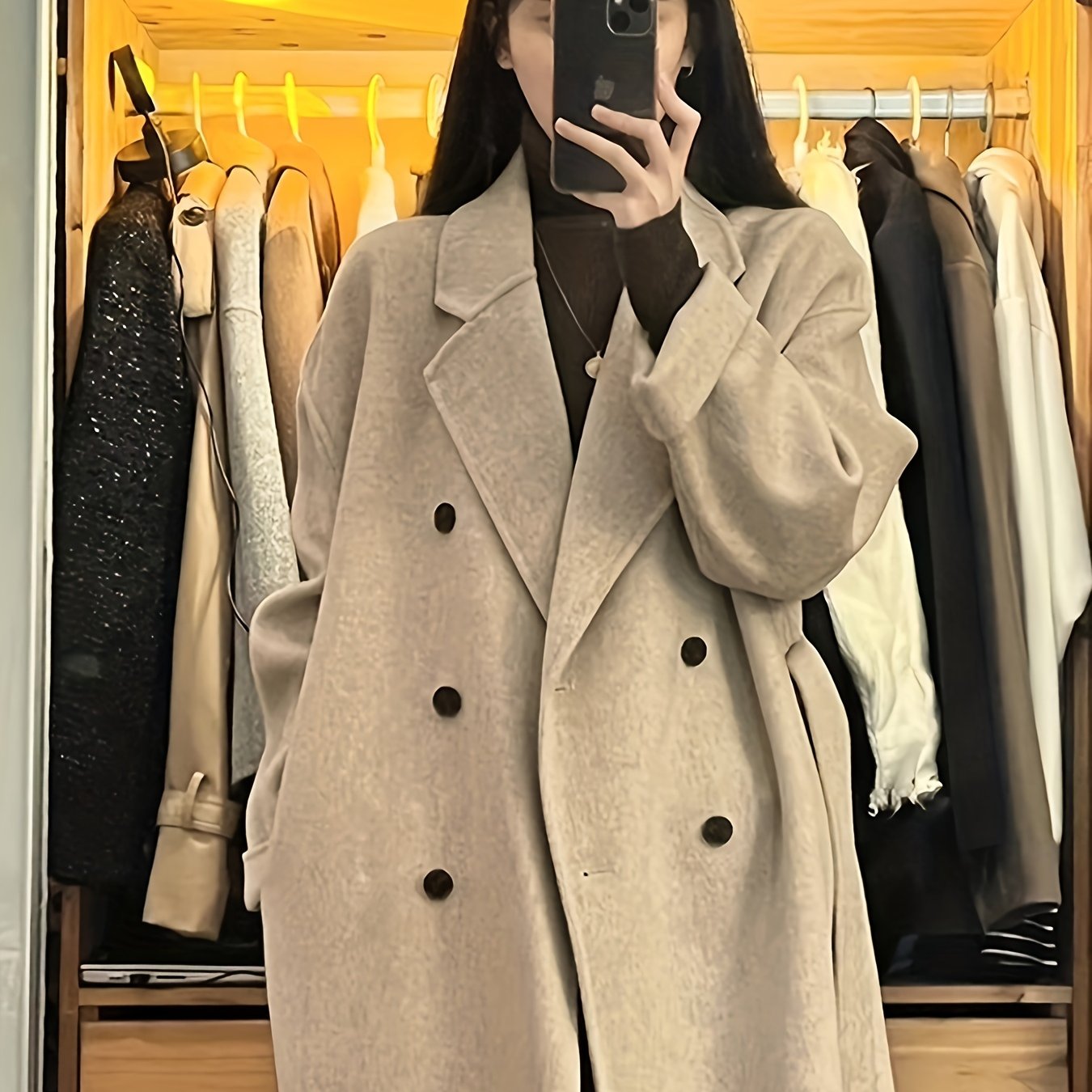 Sixsr Solid Double Breasted Belted Overcoat, Elegant Lapel Long Sleeve Pockets Outwear For Fall & Winter, Women's Clothing