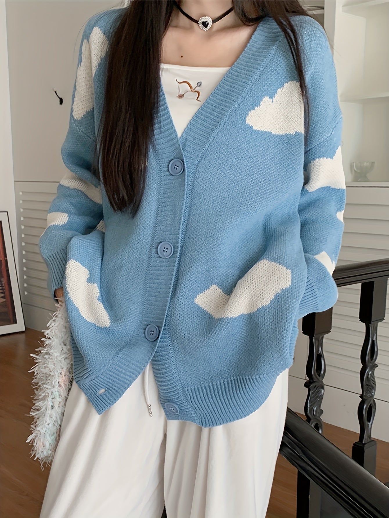 Sixsr Cloud Pattern Button Front Cardigan, Casual Long Sleeve Drop Shoulder Cardigan, Women's Clothing