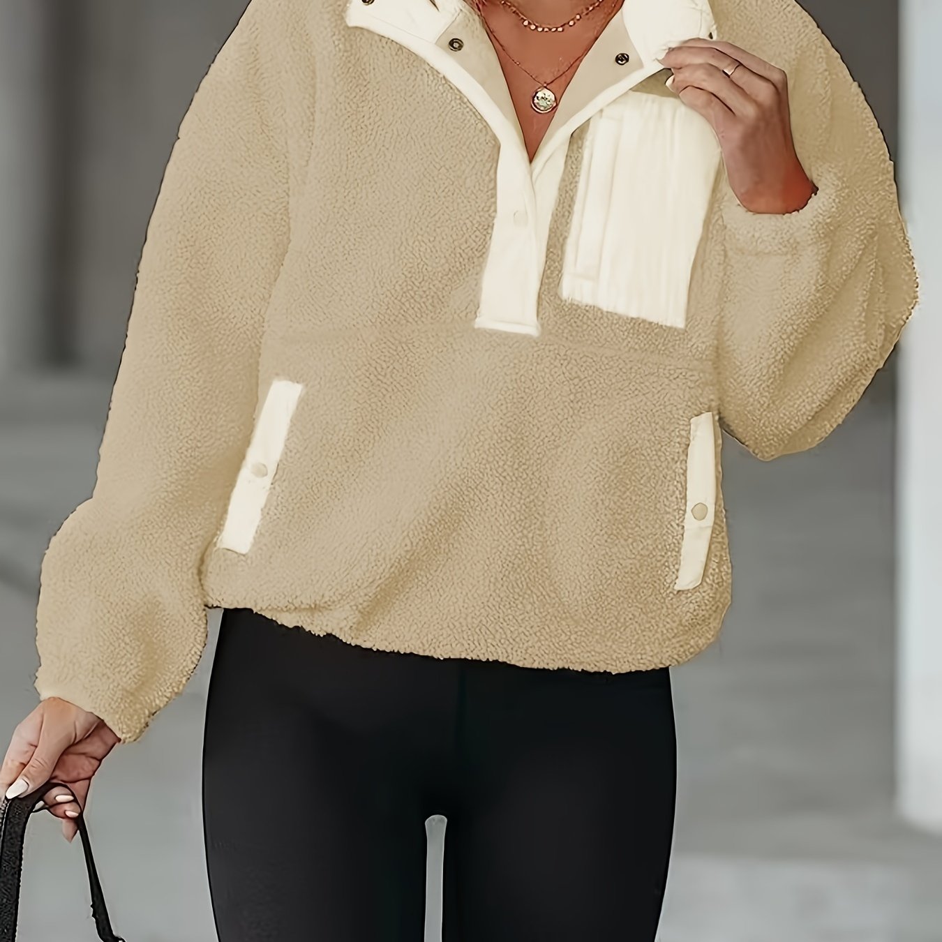 Sixsr Plus Size Casual Jacket, Women's Plus Colorblock Long Sleeve Sherpa Fleece Half Zipper Lapel Collar Pullover Jacket With Pockets