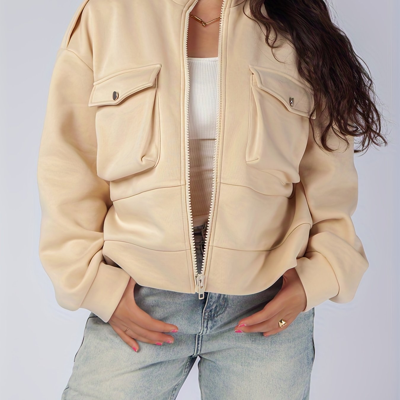 Sixsr Plus Size Casual Jacket, Women's Plus Solid Zipper Long Sleeve Mock Neck Slight Stretch Jacket