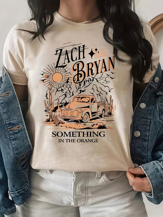 Something In The Orange Truck Vintage Graphic Tee, Retro Style Short Sleeve Crew Neck Casual Top For Summer & Spring, Women's Clothing
