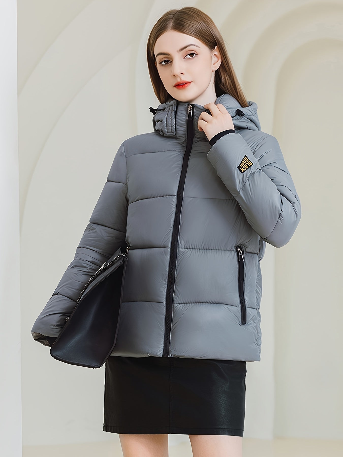 Sixsr Solid Zipper Front Hooded Coat, Versatile Long Sleeve Warm Winter Outwear, Women's Clothing