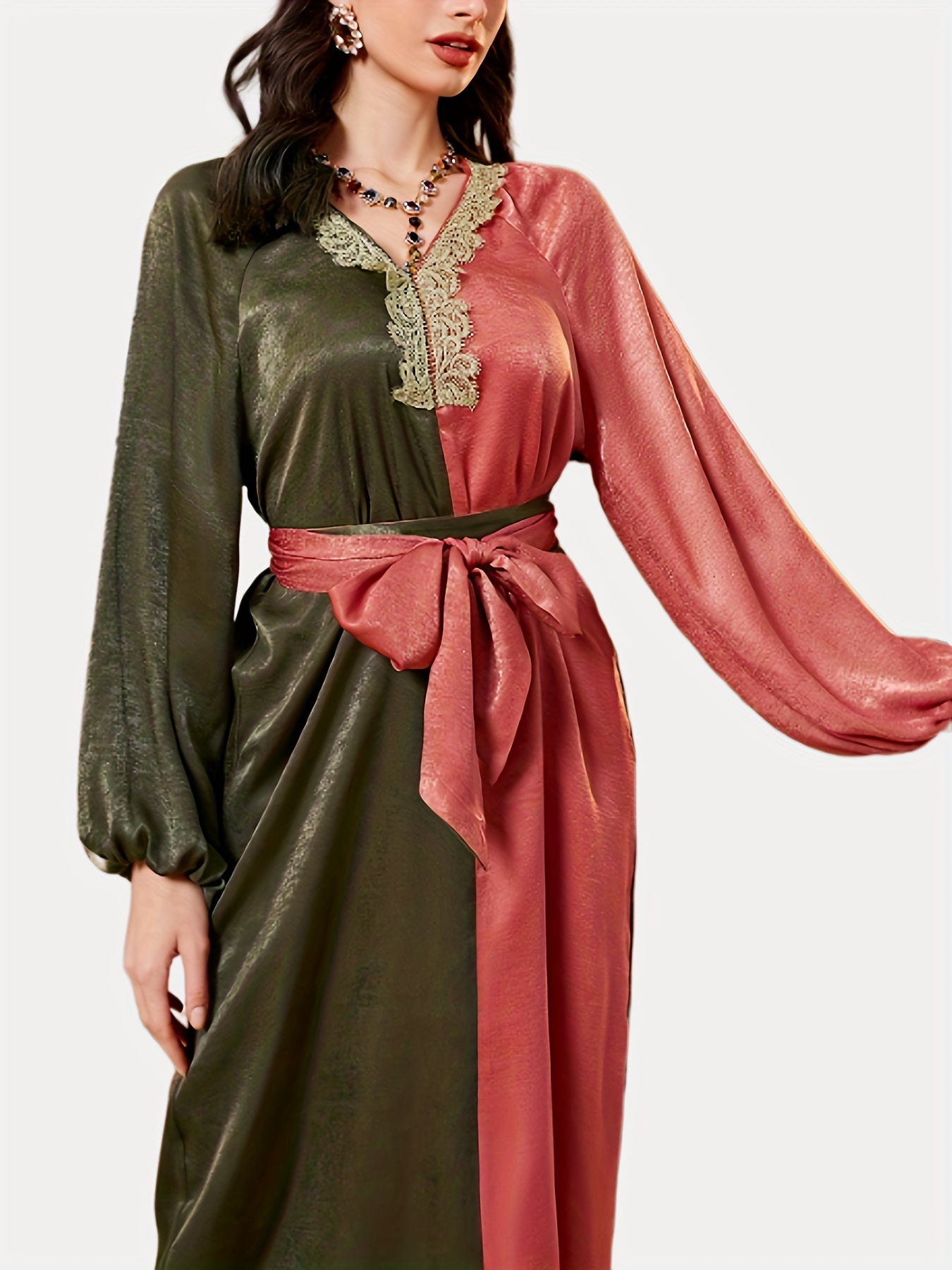 Sixsr Color Block Lace Trim Belted Dress, Elegant V-neck Lantern Sleeve Dress For Spring & Fall, Women's Clothing