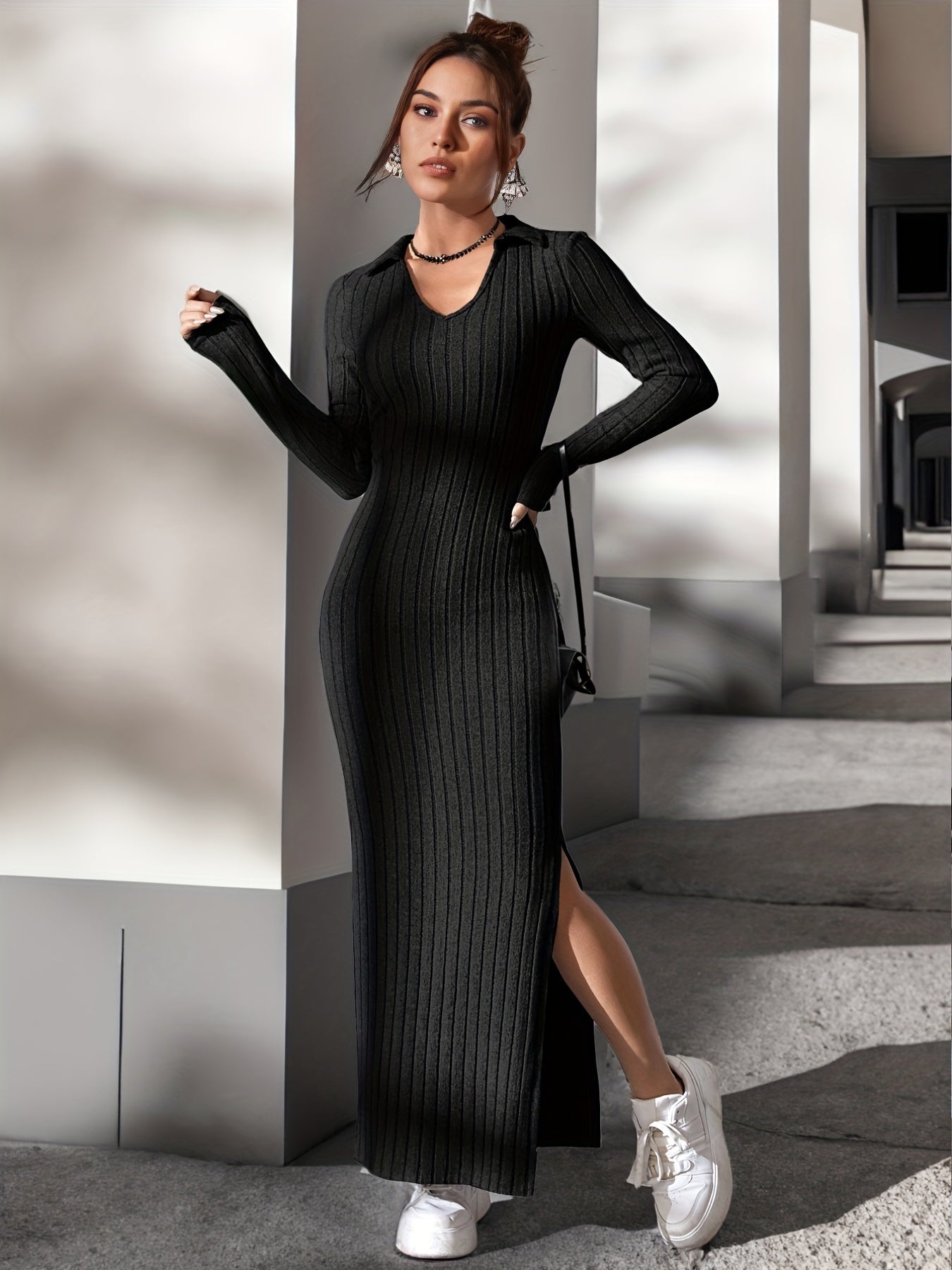 Sixsr Ribbed Split Dress, Casual V Neck Long Sleeve Maxi Dress, Women's Clothing