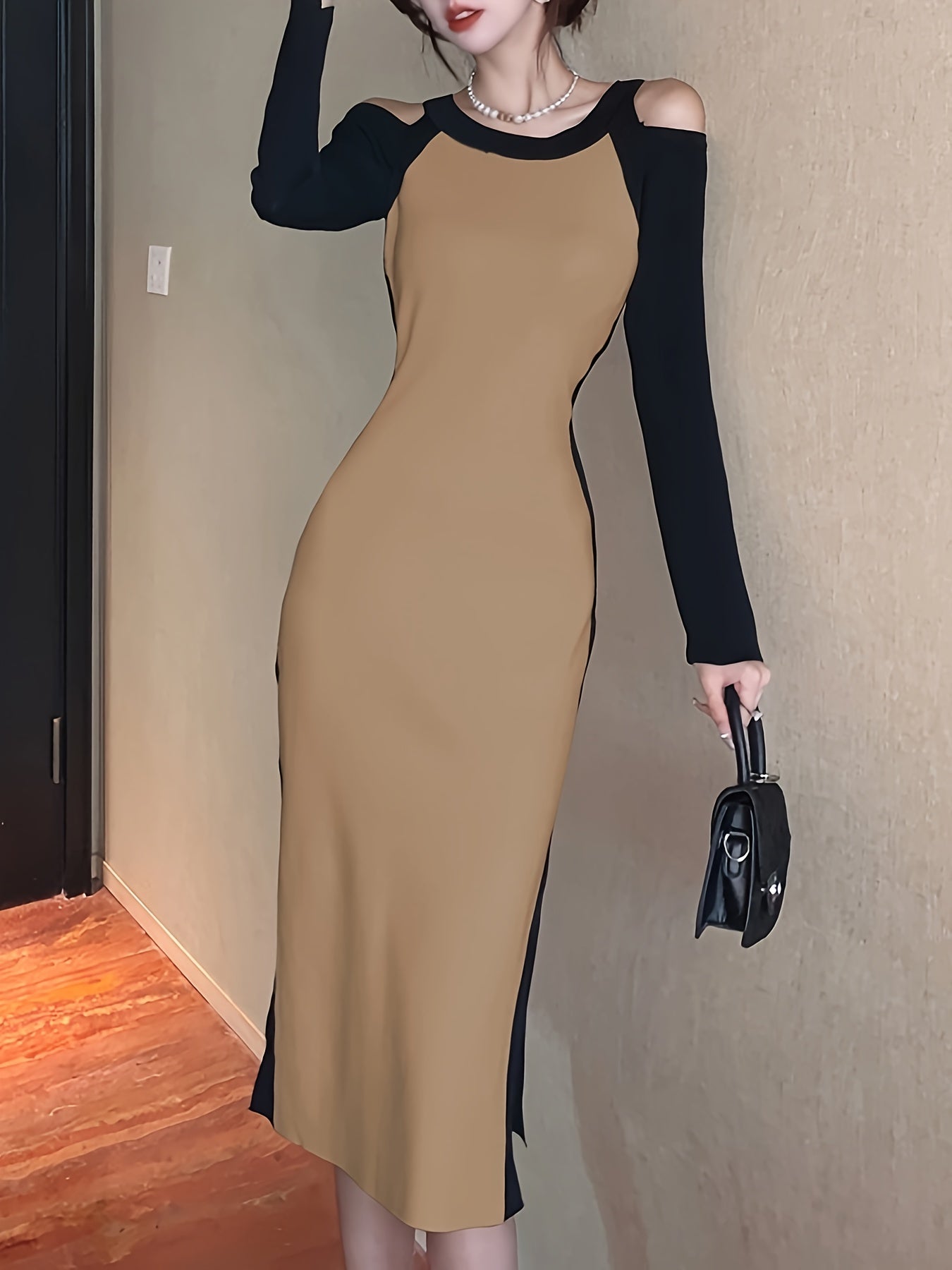 Sixsr Color Block Cold Shoulder Dress, Elegant Split Crew Neck Long Sleeve Dress, Women's Clothing