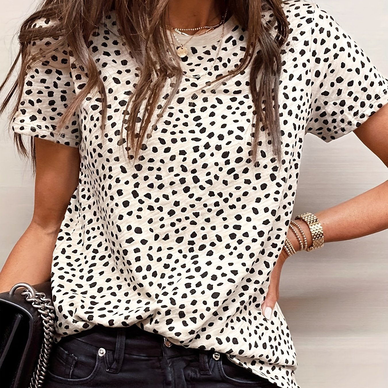 Sixsr Dalmatian Print Crew Neck T-Shirt, Casual Short Sleeve T-Shirt For Spring & Summer, Women's Clothing
