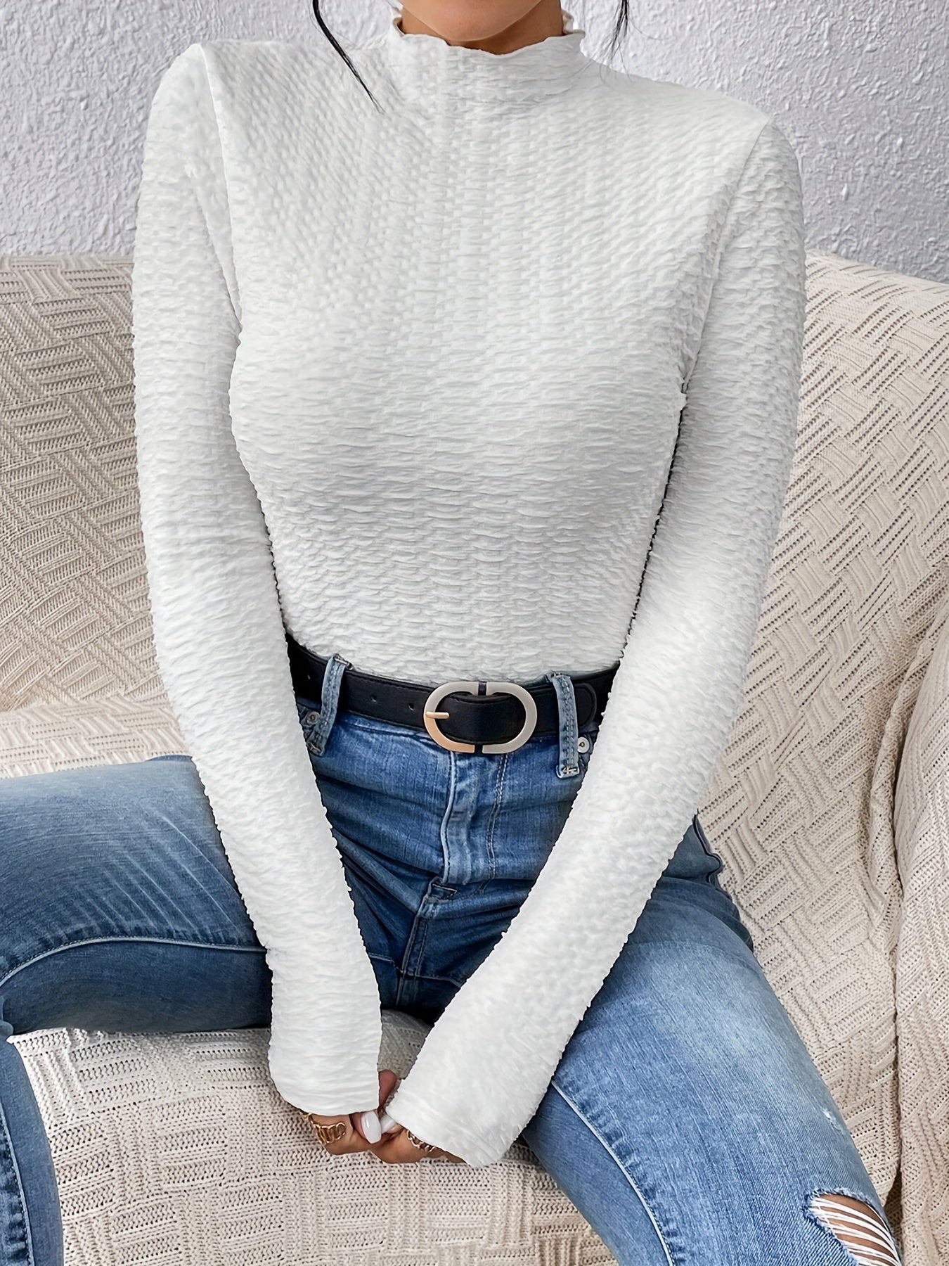 Sixsr Solid Textured T-Shirt, Casual Long Sleeve Top For Spring & Fall, Women's Clothing