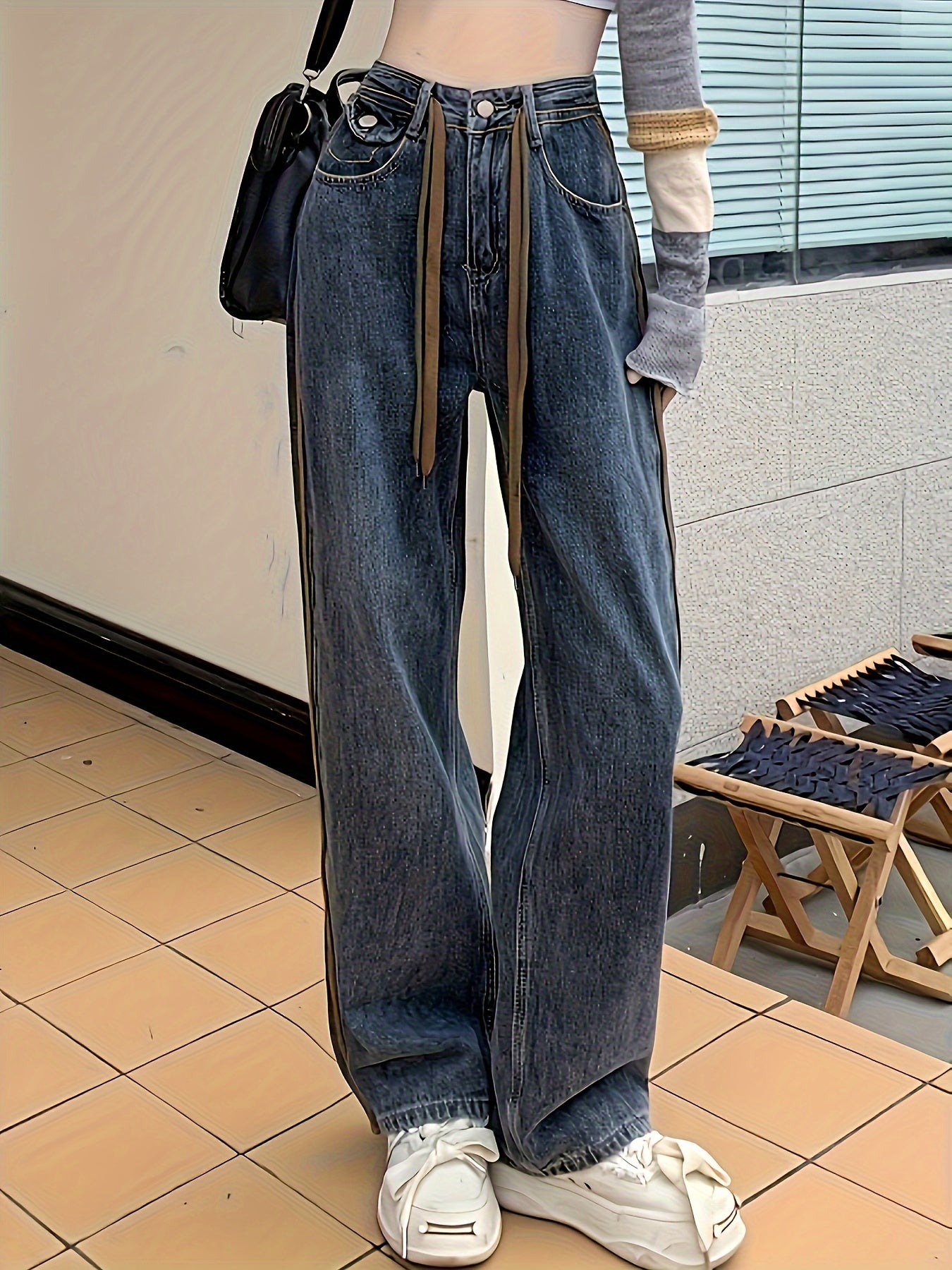 Sixsr High Waist Casual Straight Jeans, Fleece Liner Keep Warm Versatile Loose Fit Denim Pants, Women's Denim Jeans & Clothing