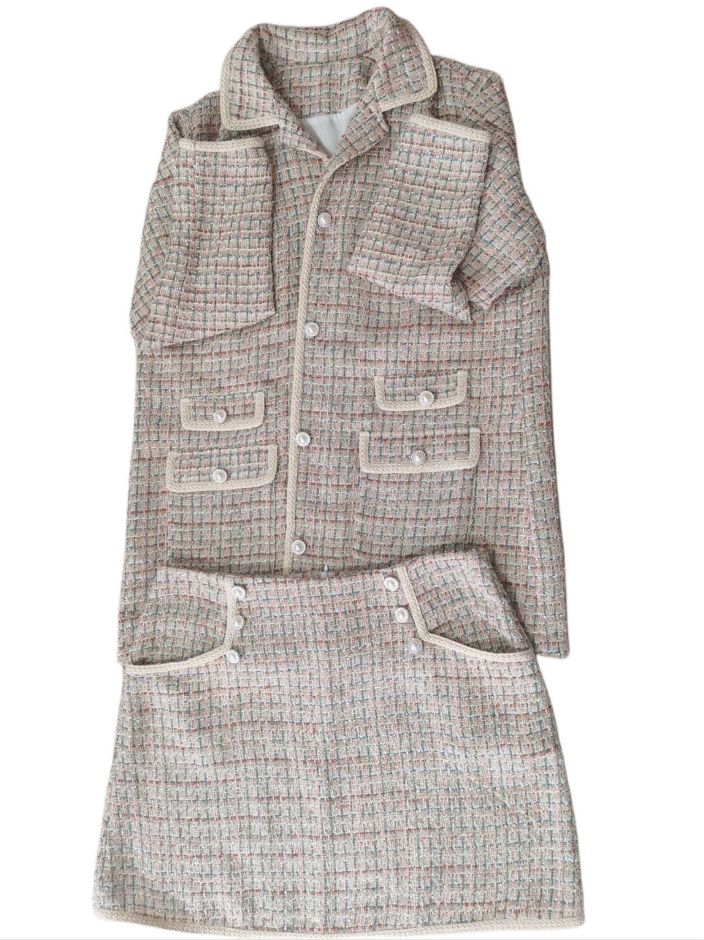 Sixsr Plus Size Elegant Outfits Set, Women's Plus Houndstooth Pattern Long Sleeve Button Up Flap Detail Lapel Collar Tweed Blazer & Mini Skirt Outfits Two Piece Set