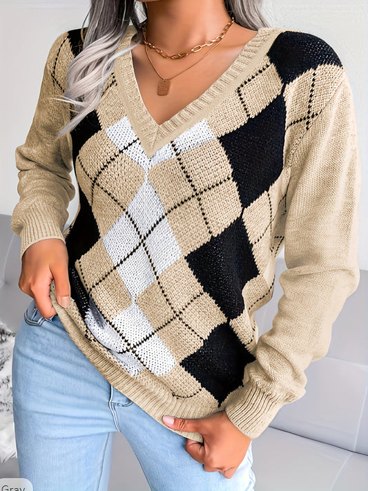 Sixsr Plus Size Casual Sweater, Women's Plus Colorblock Gingham Print V Neck Long Sleeve Slight Stretch Pullover Sweater