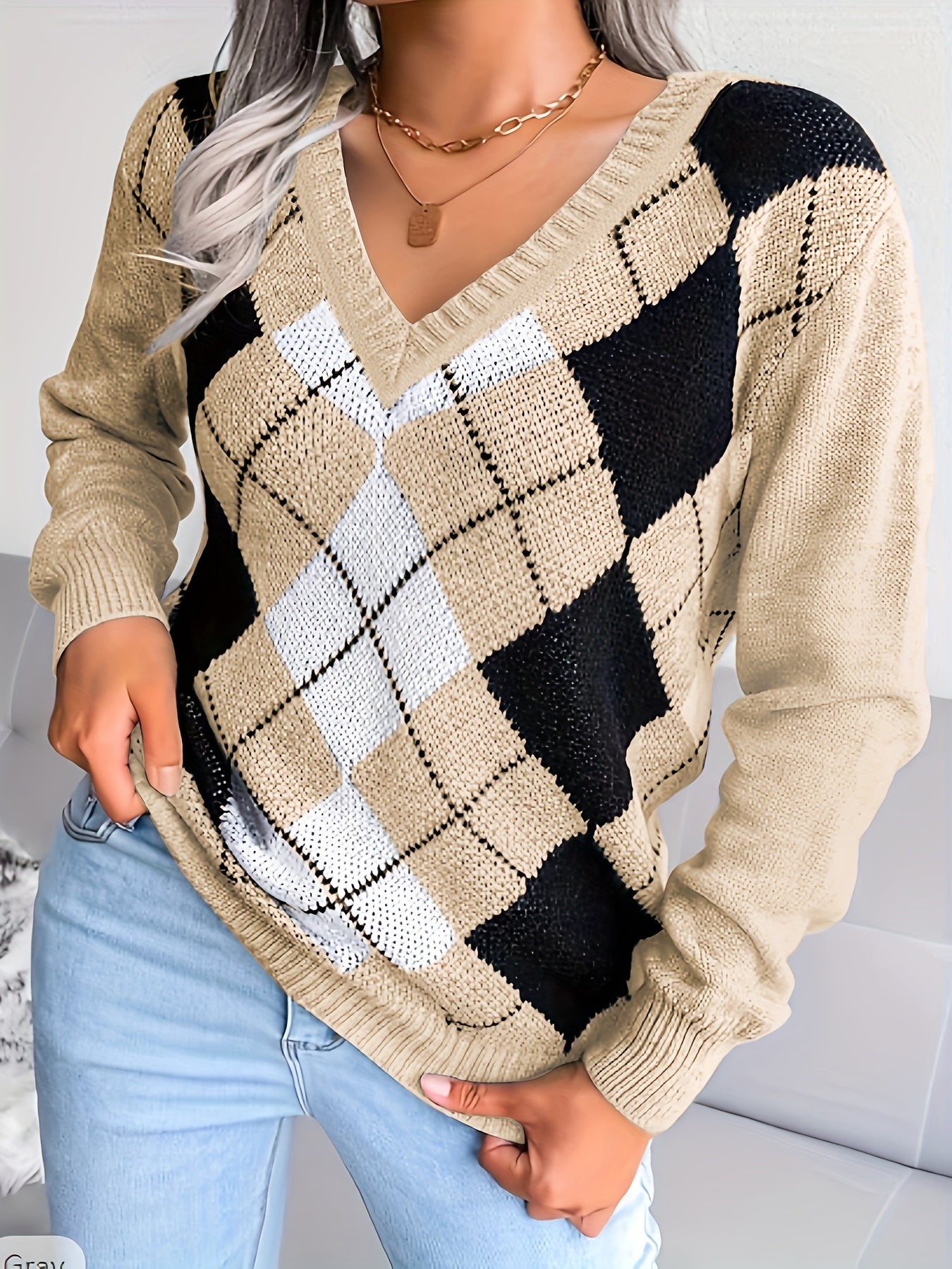 Sixsr Plus Size Casual Sweater, Women's Plus Colorblock Gingham Print V Neck Long Sleeve Slight Stretch Pullover Sweater