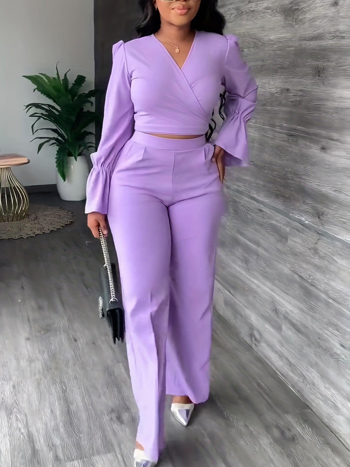 Sixsr Solid Casual Two-piece Set, Surplice Neck Long Sleeve Tops & High Waist Wide Leg Pants Outfits, Women's Clothing