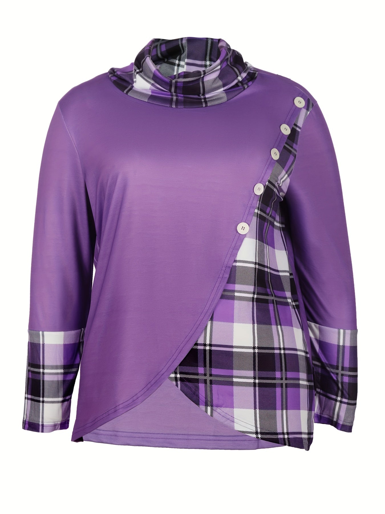 Sixsr Plus Size Casual Sweatshirt, Women's Plus Colorblock Plaid Print Long Sleeve Mock Neck Button Decor Pullover Top