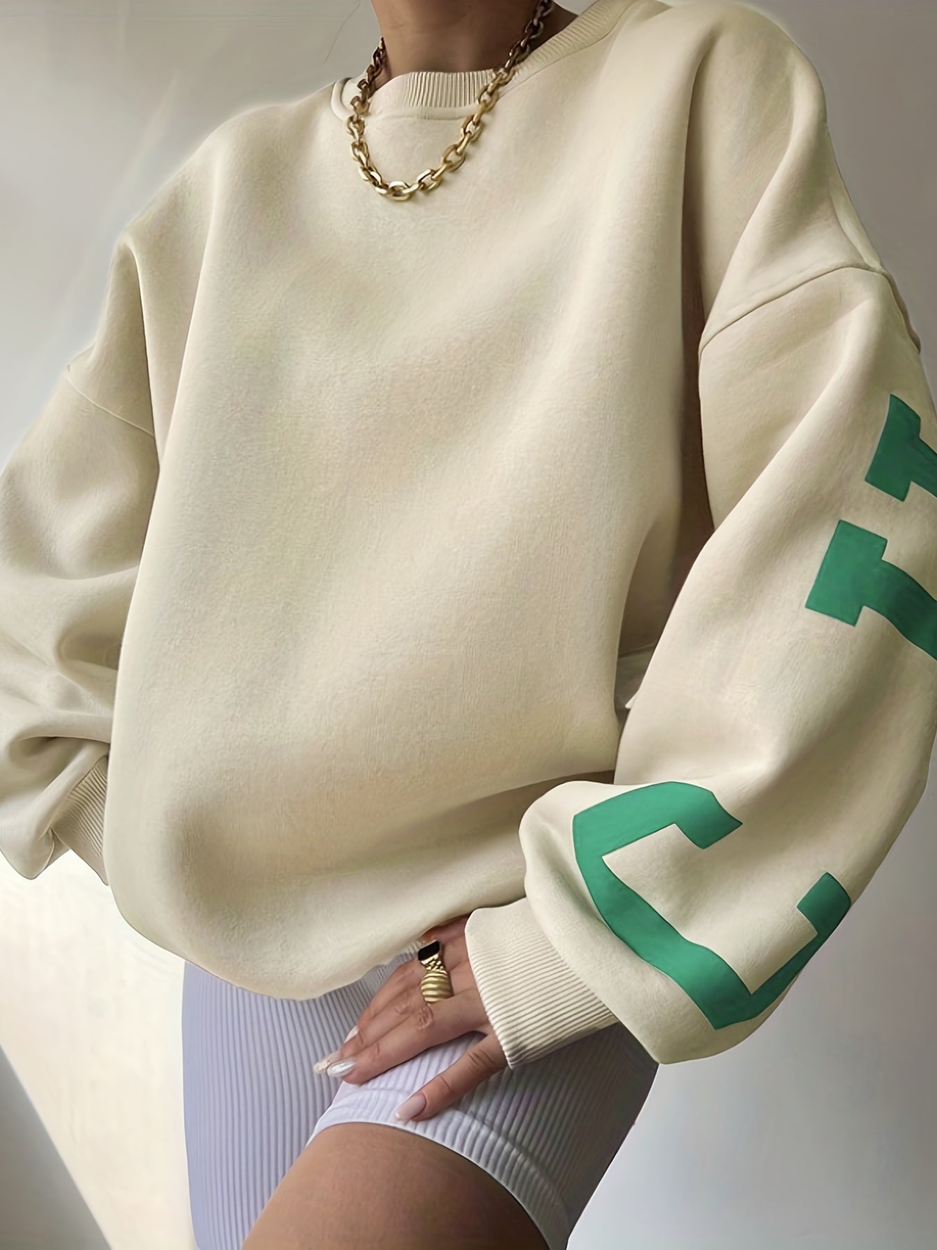 Sixsr Women Oversized Thermal Letter Graphic Print Sweatshirt Aesthetic Crew Neck Long Sleeve Drop Shoulder Pullover