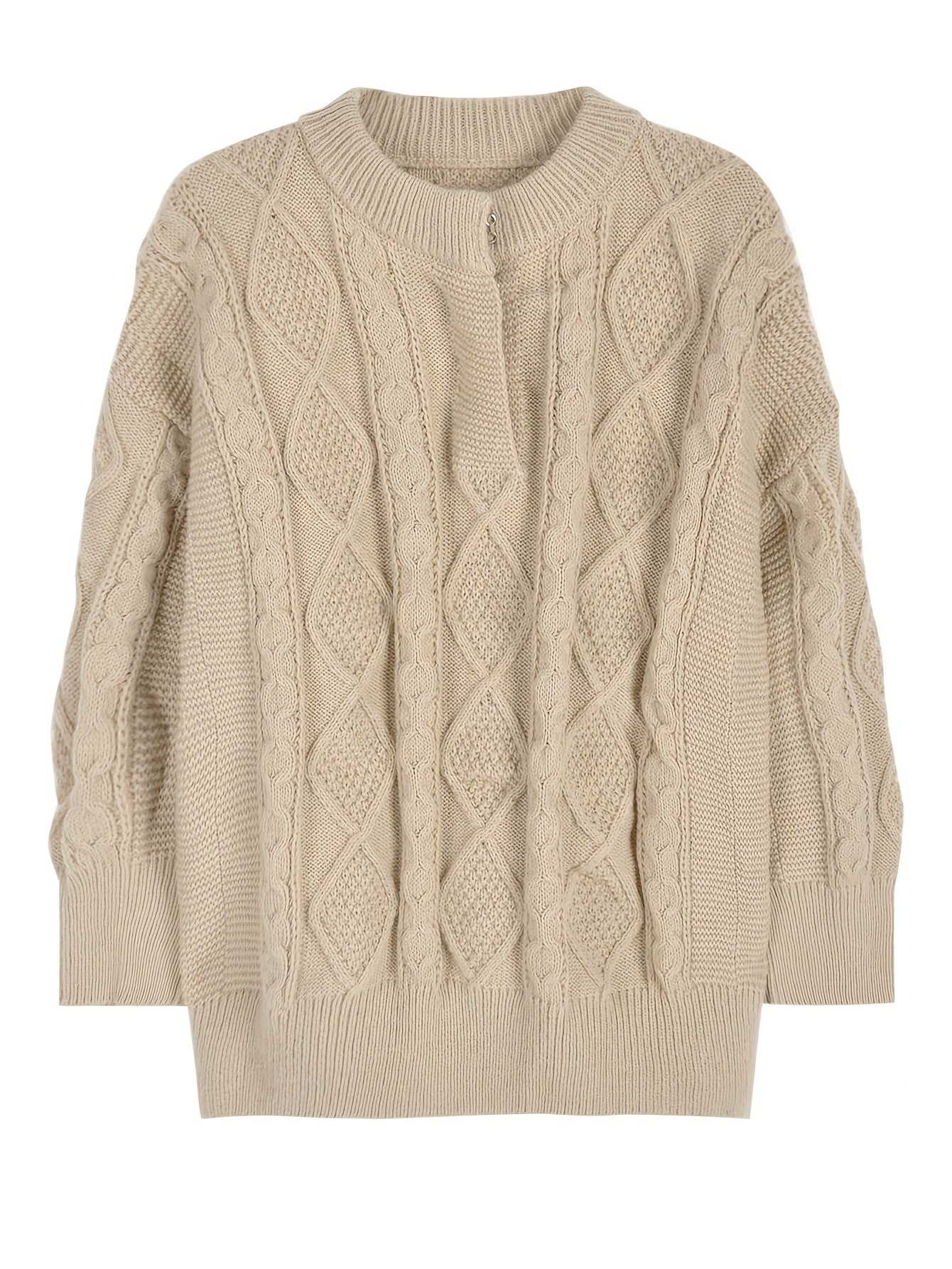 Sixsr Solid Buckle Cable Knit Sweater, Casual Long Sleeve Loose Pullover Sweater, Women's Clothing