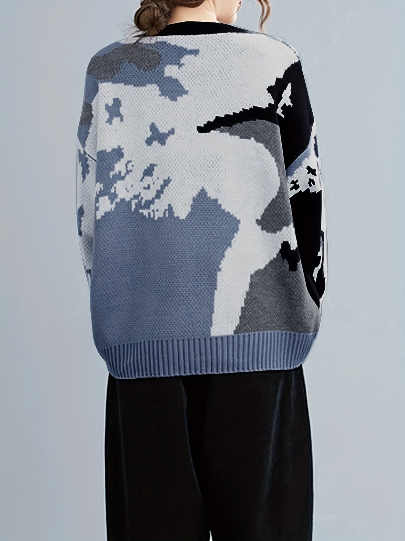 Sixsr Random Pattern Crew Neck Sweater, Casual Long Sleeve Sweater For Fall & Winter, Women's Clothing
