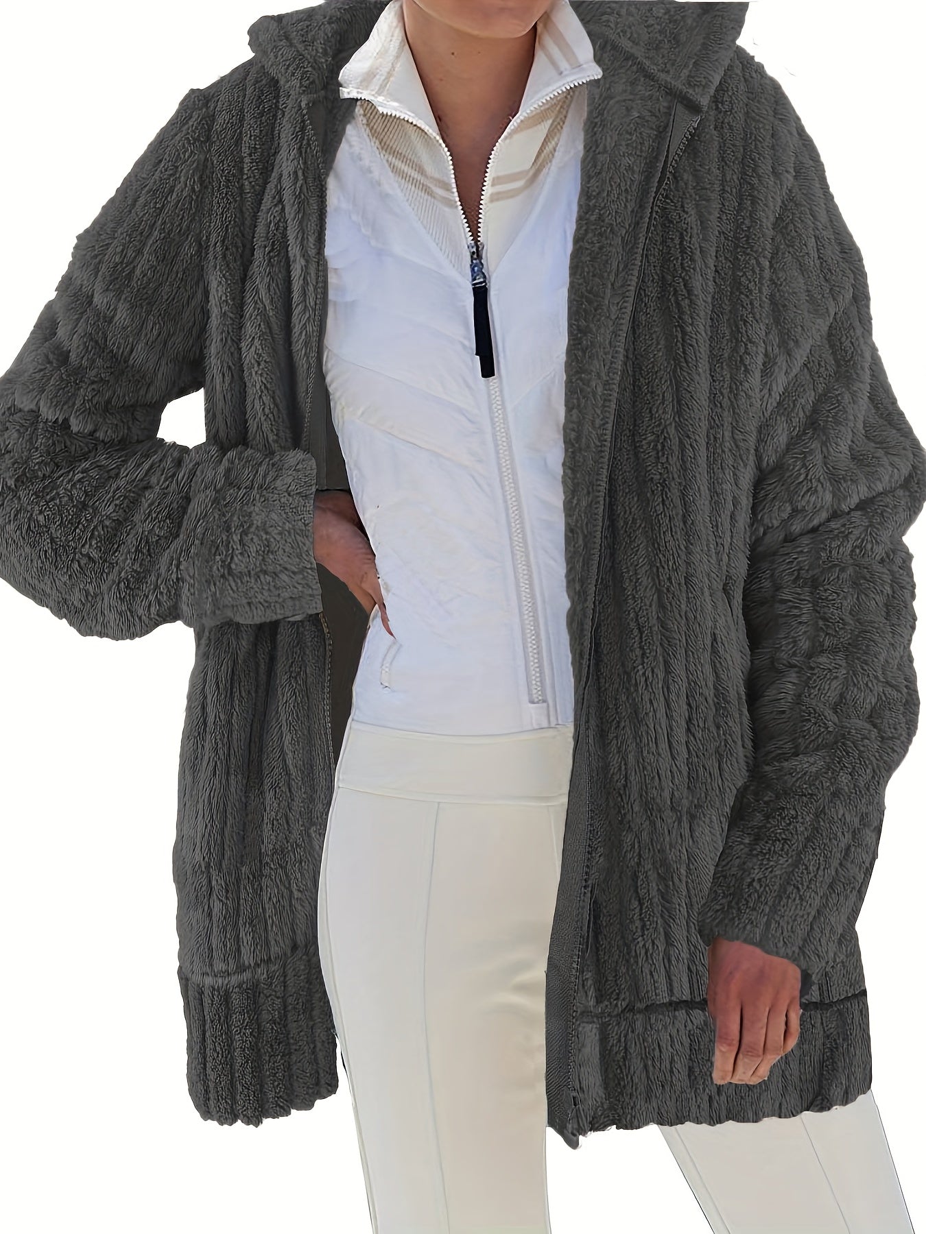 Sixsr Plus Size Casual Coat, Women's Plus Solid Ribbed Fuzzy Fleece Zip Up Long Sleeve Hooded Overcoat With Pockets
