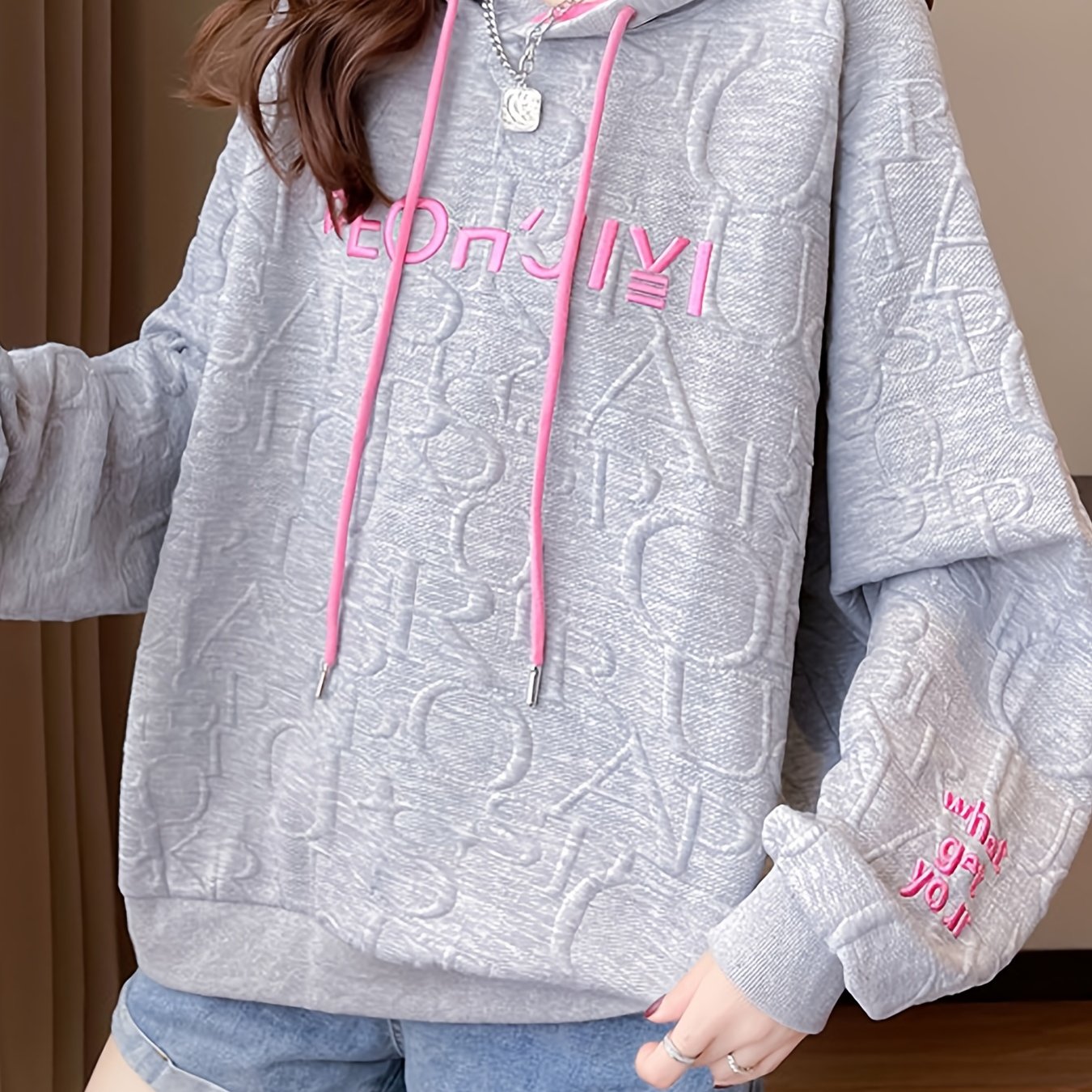 Sixsr Letter Print Embroidered Drawstring Thermal Hoodie, Casual Printed Long Sleeve Hoodies Sweatshirts, Women's Clothing