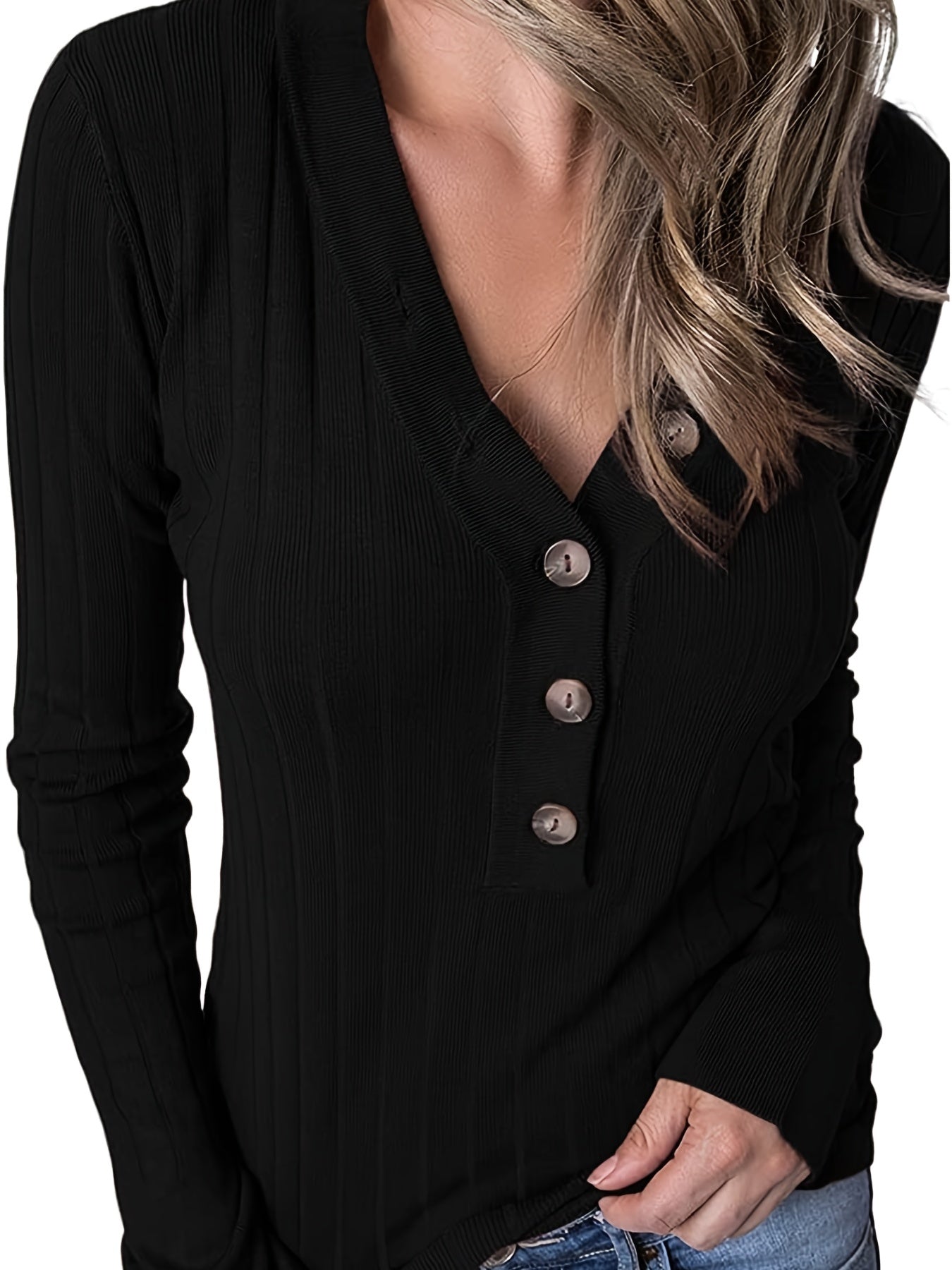 Sixsr Button Front V Neck Knit Sweater, Casual Long Sleeve Ribbed Sweater For Spring & Fall, Women's Clothing