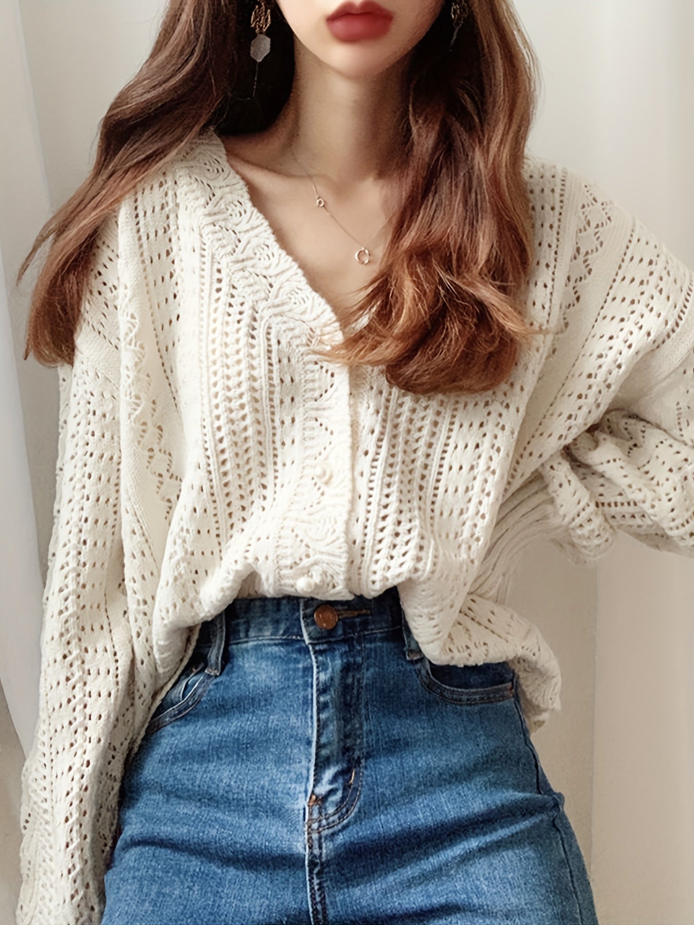 Sixsr Solid Button Front Cardigan, Boho Long Sleeve Drop Shoulder Outwear, Women's Clothing