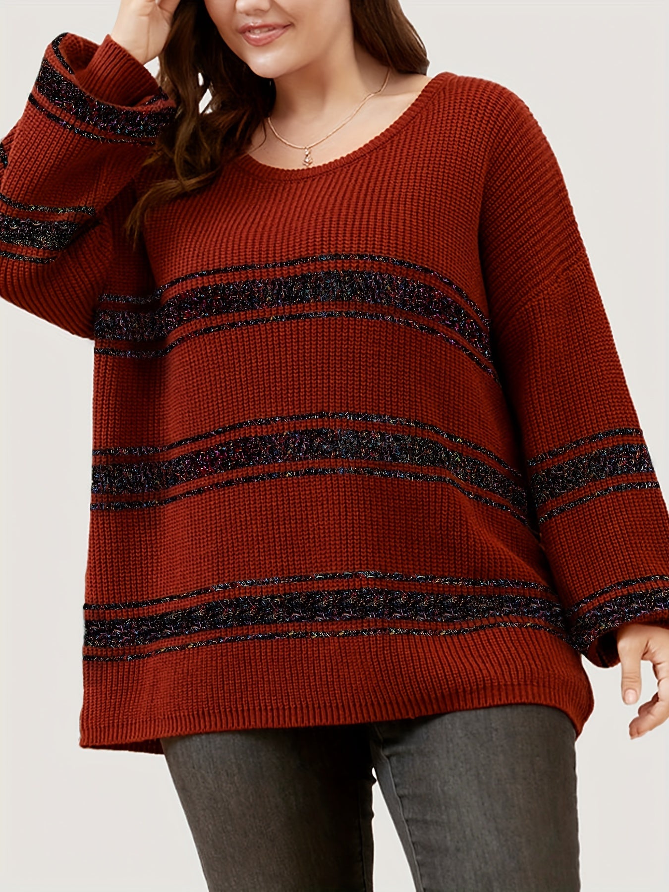 Sixsr Plus Size Casual Sweater, Women's Plus Colorblock Striped Sequin Lantern Sleeve Round Neck Pullover Sweater