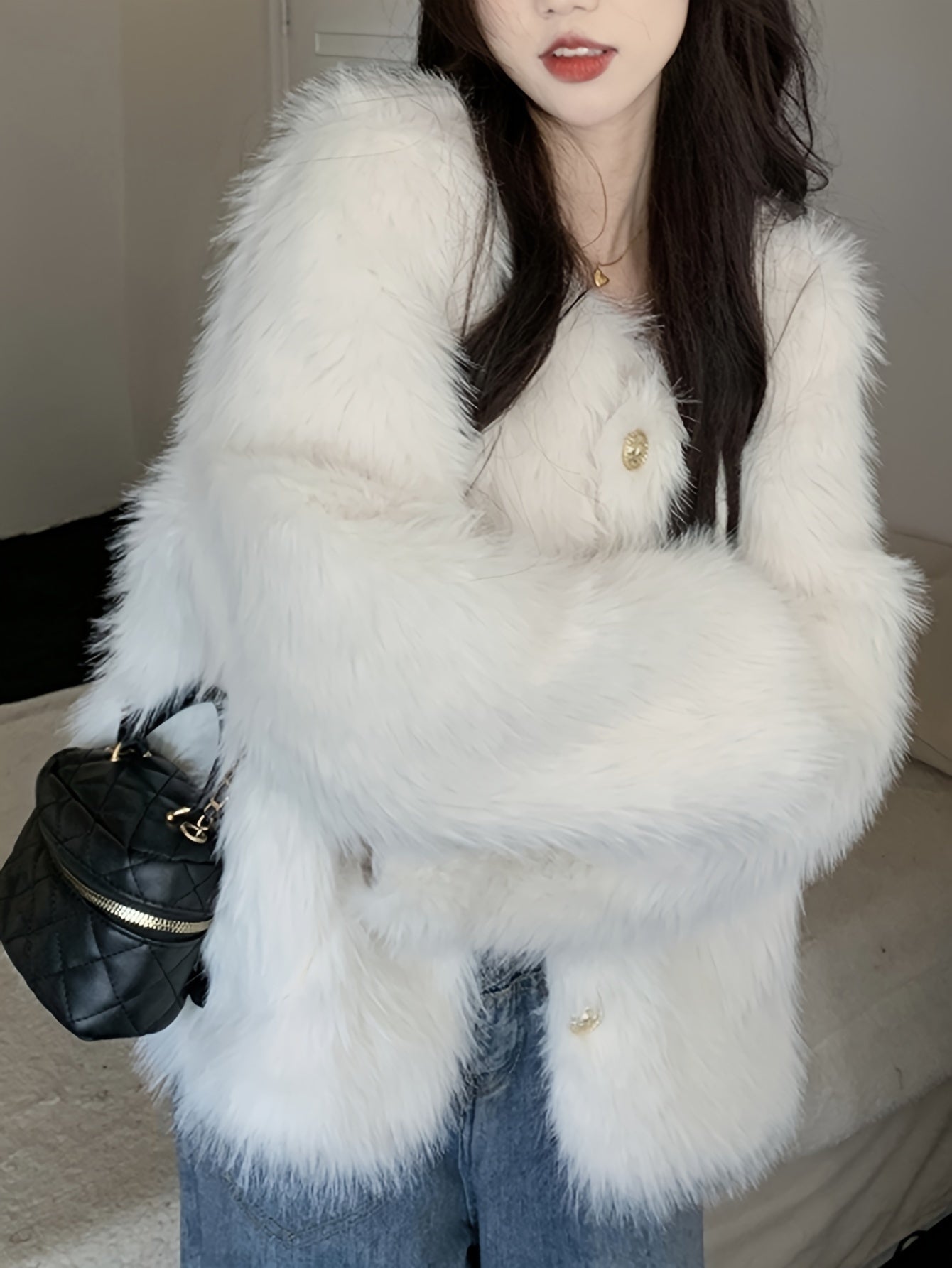 Sixsr Fluffy Solid Warm Coat, Casual Button Front Long Sleeve Outerwear, Women's Clothing