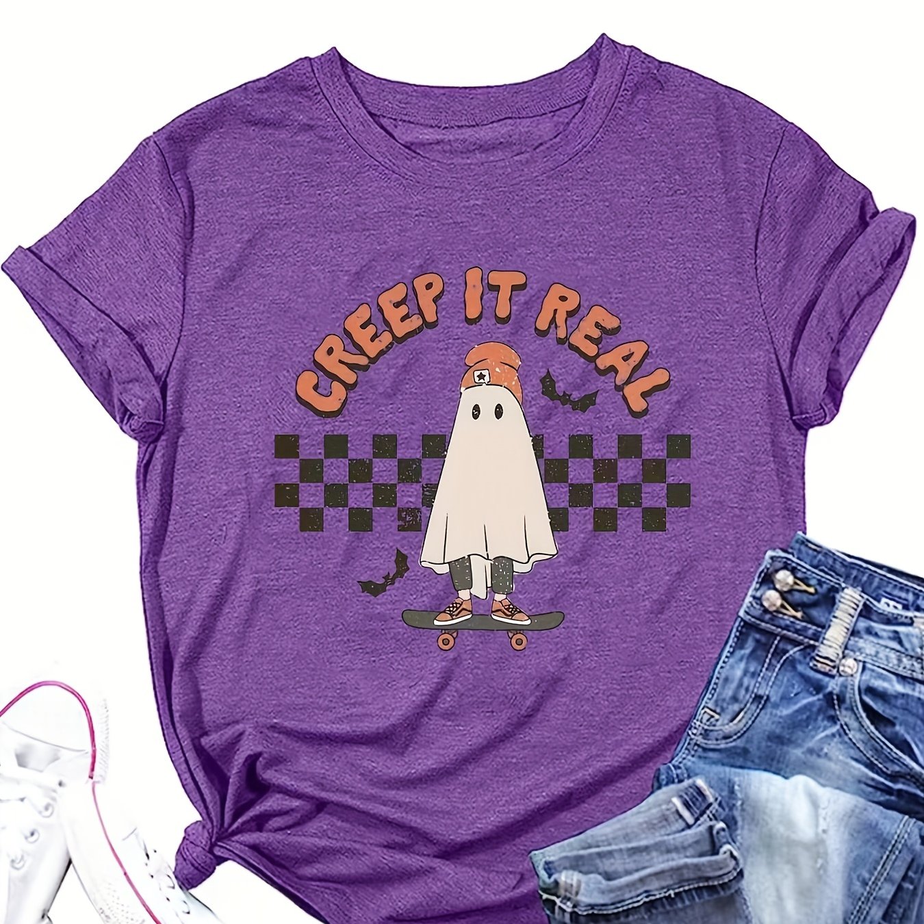 Sixsr Halloween Ghost Print T-shirt, Casual Short Sleeve Crew Neck T-shirt For Spring & Summer, Women's Clothing