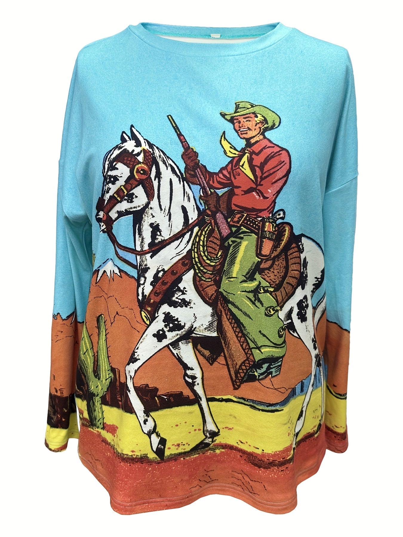 Sixsr Plus Size Casual Sweatshirt, Women's Plus Cowboy Print Long Sleeve Round Neck Western Style Sweatshirt