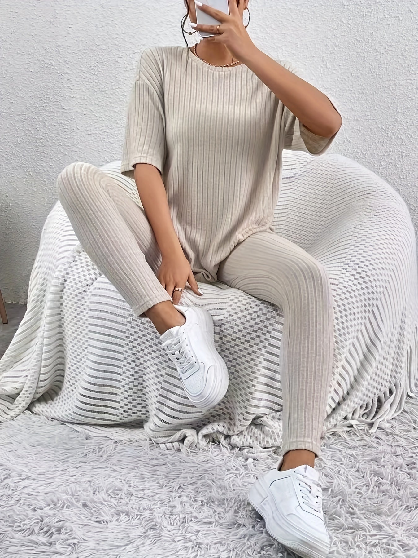 Sixsr Casual Solid Two-piece Set, Drop Shoulder T-shirt & Slim Pants Outfits, Women's Clothing