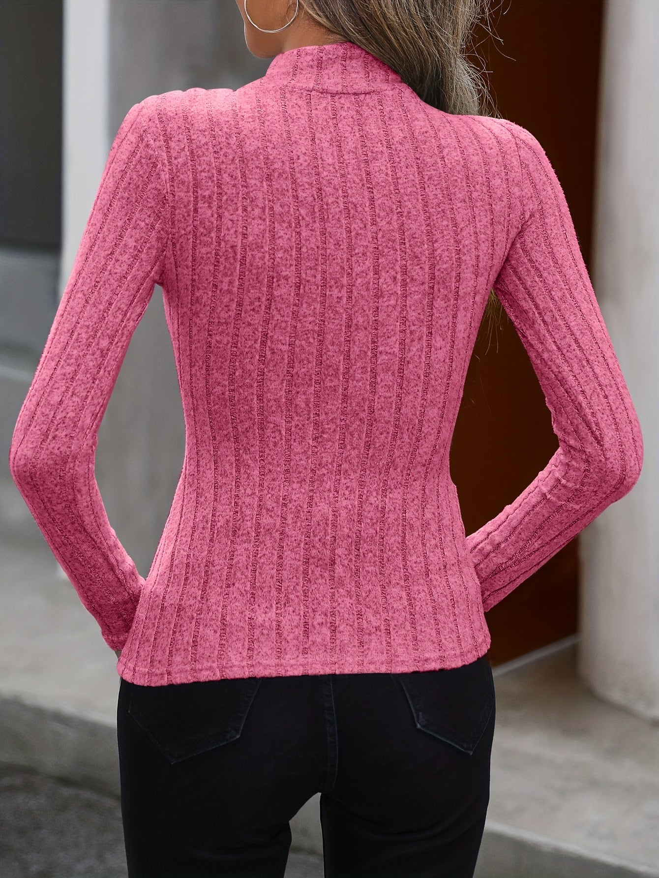 Sixsr Ribbed Mock Neck T-Shirt, Casual Long Sleeve Top For Spring & Fall, Women's Clothing