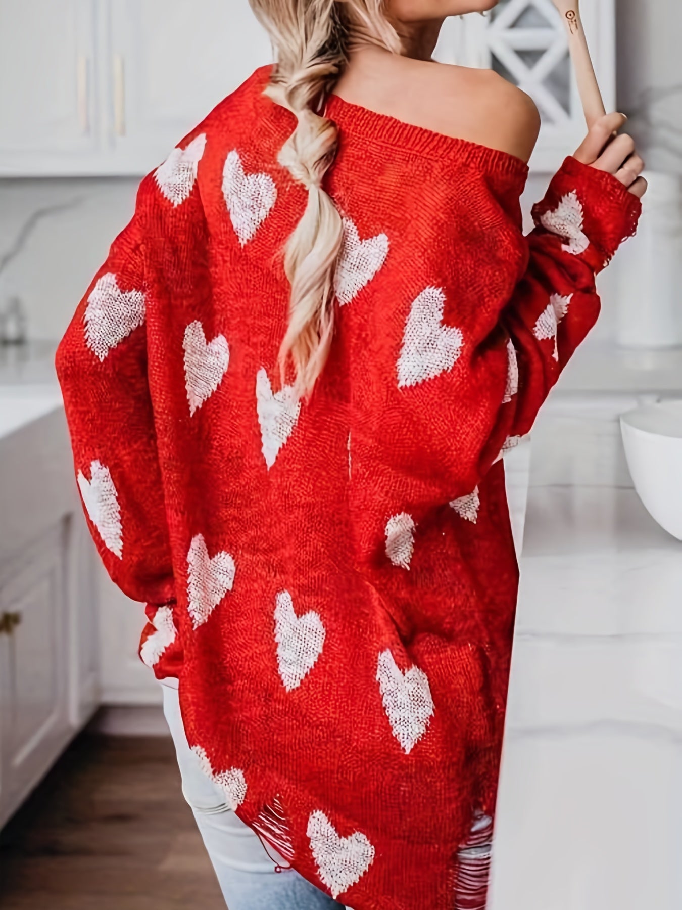 Sixsr Plus Size Casual Sweater, Women's Plus Heart Print Ripped Long Sleeve One Shoulder Sweater