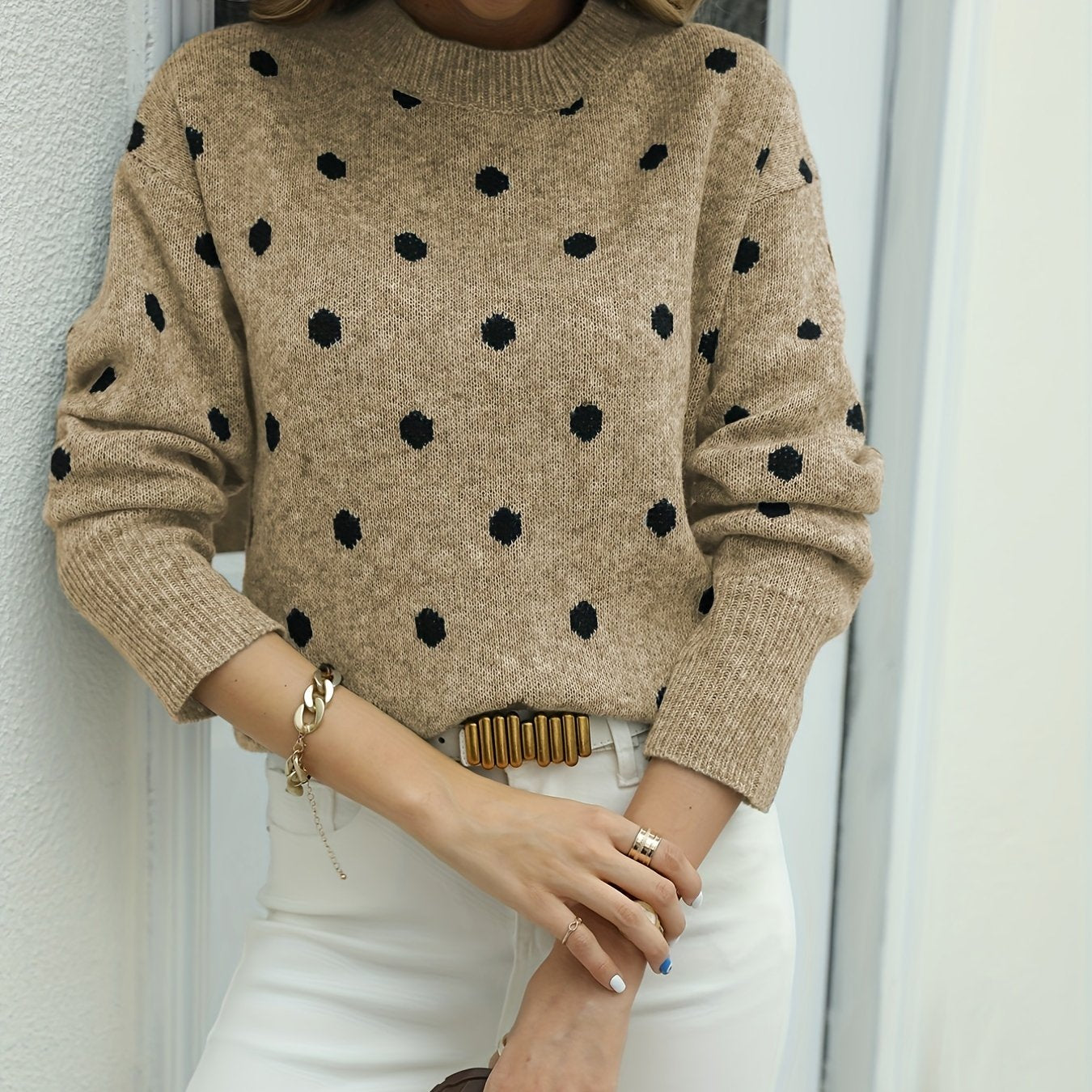 Sixsr Polka Dot Crew Neck Pullover Sweater, Casual Long Sleeve Sweater For Fall & Winter, Women's Clothing