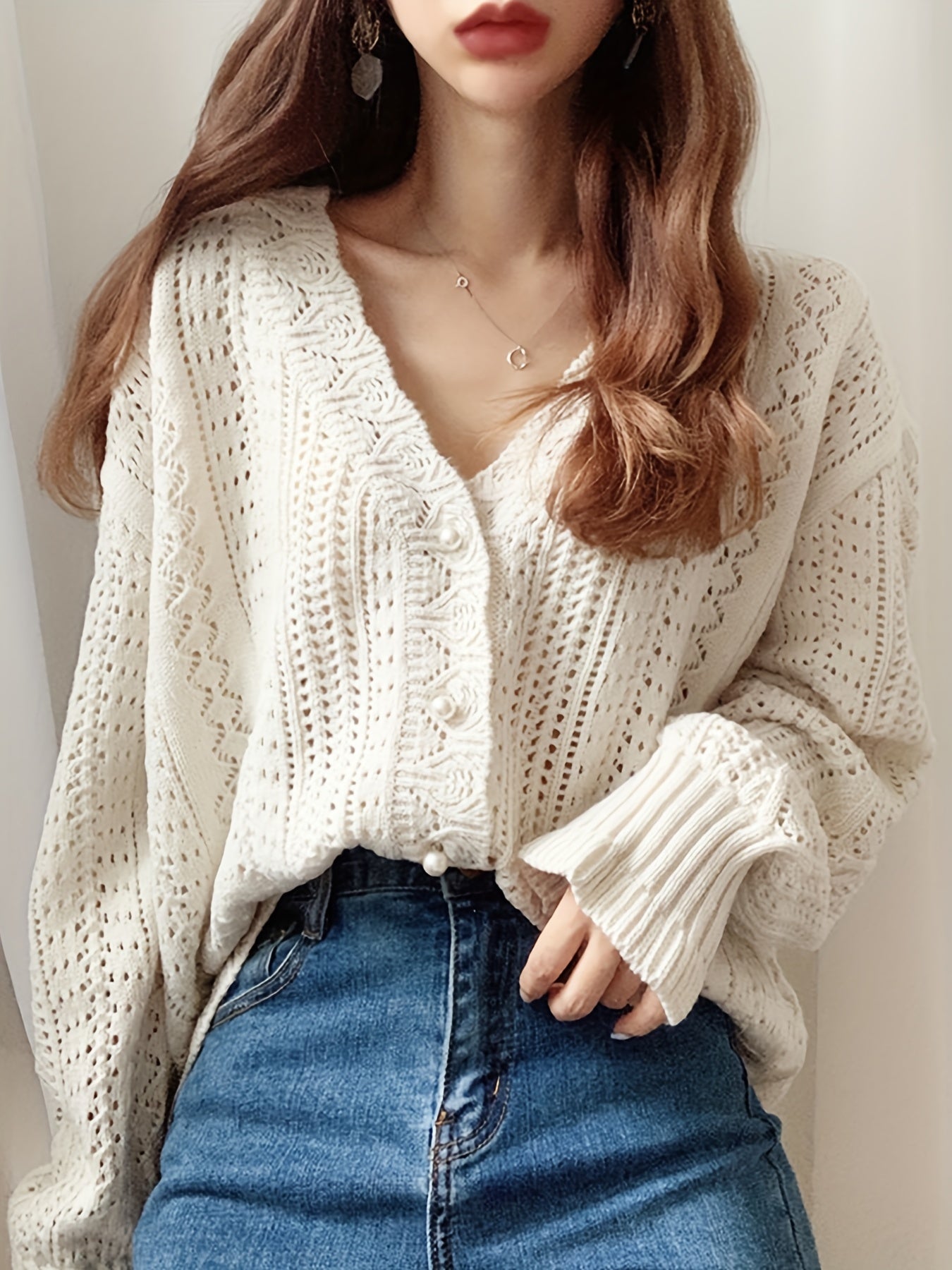 Sixsr Solid Button Front Cardigan, Boho Long Sleeve Drop Shoulder Outwear, Women's Clothing