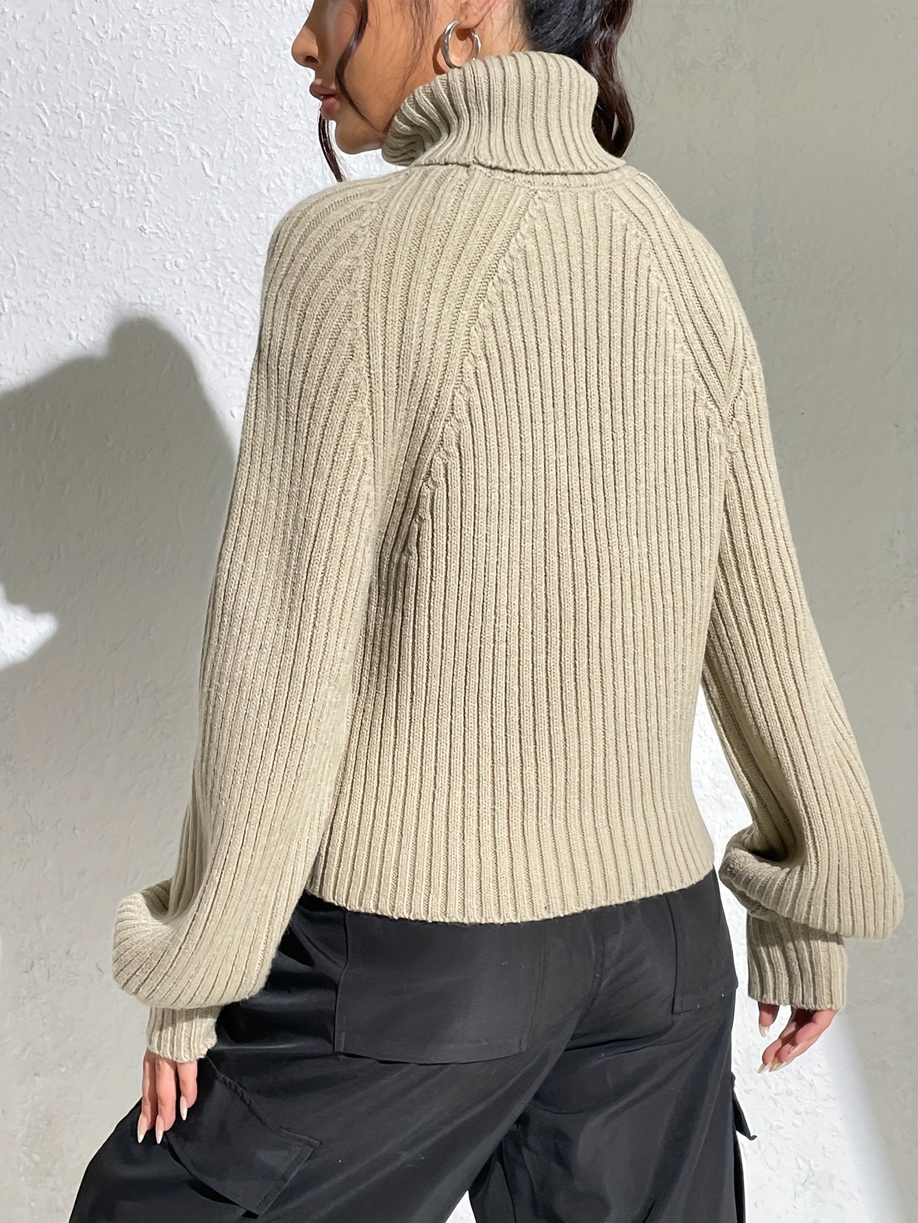 Sixsr Ribbed Knit Turtle Neck Sweater, Casual Lantern Sleeve Sweater For Fall & Winter, Women's Clothing