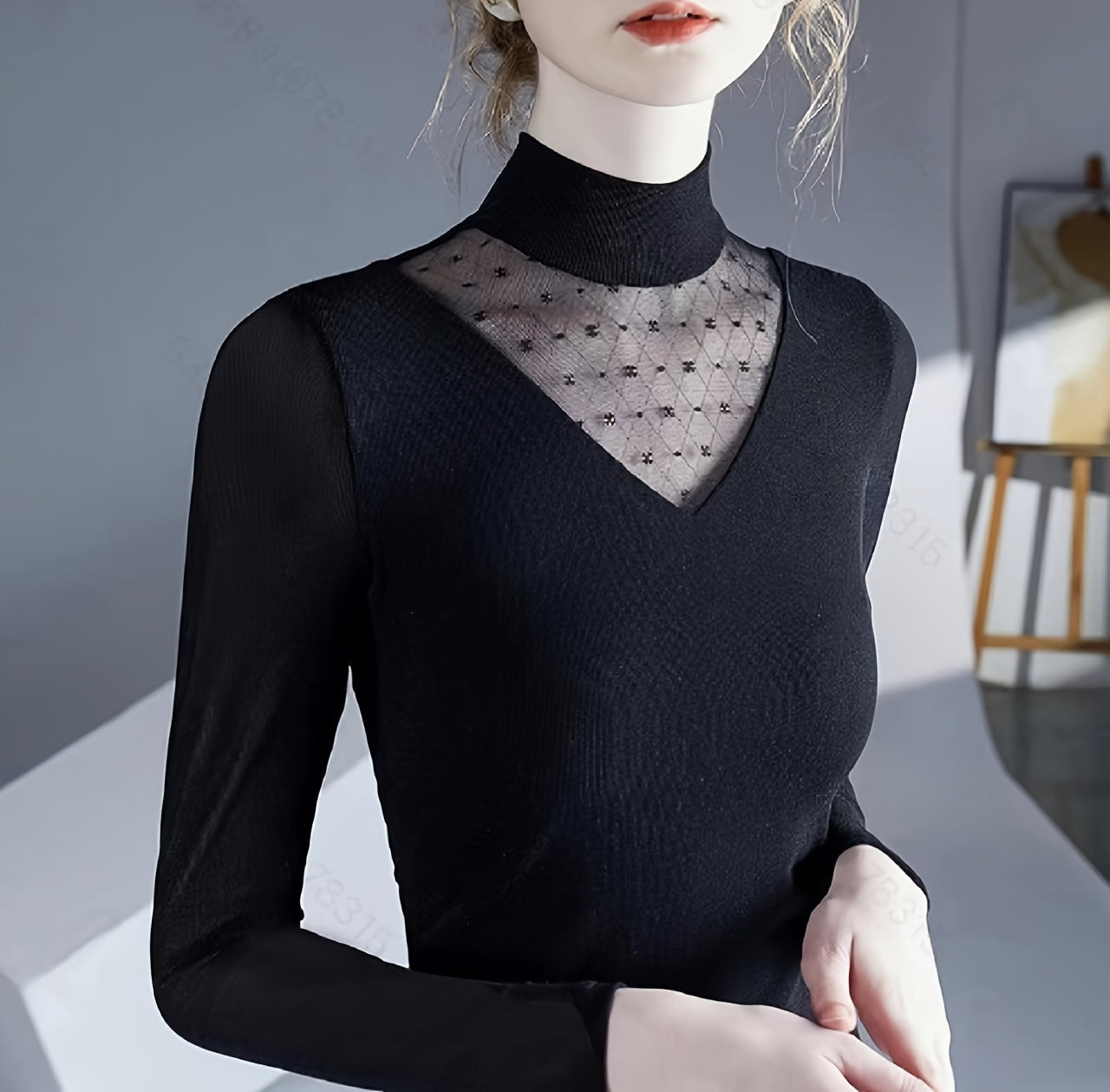 Sixsr Contrast Mesh Mock Neck Knitted Top, Elegant Long Sleeve Slim Sweater, Women's Clothing