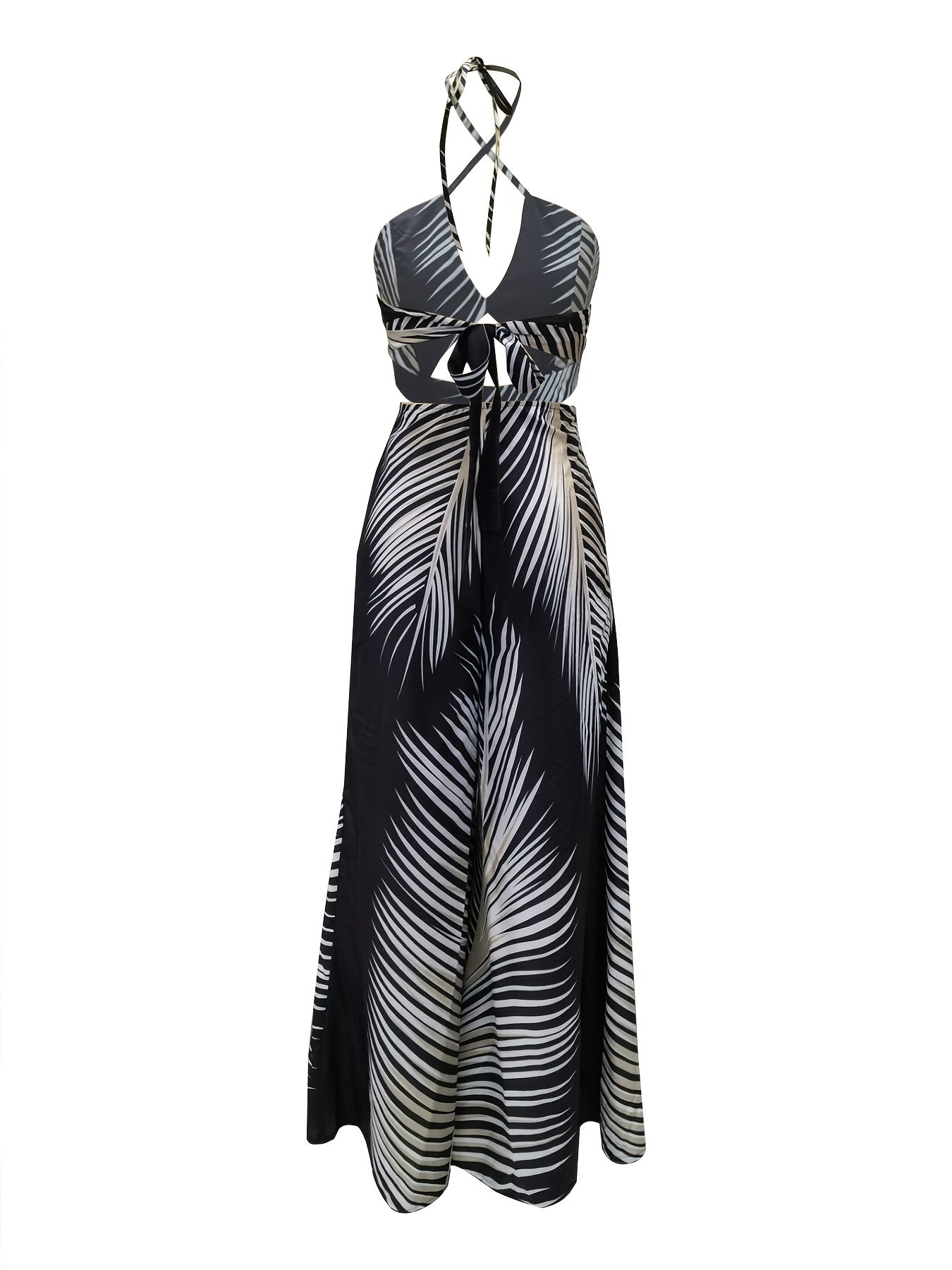 Tropical Print Cut Out Halter Dress, Boho Backless Lace Up Dress, Women's Clothing